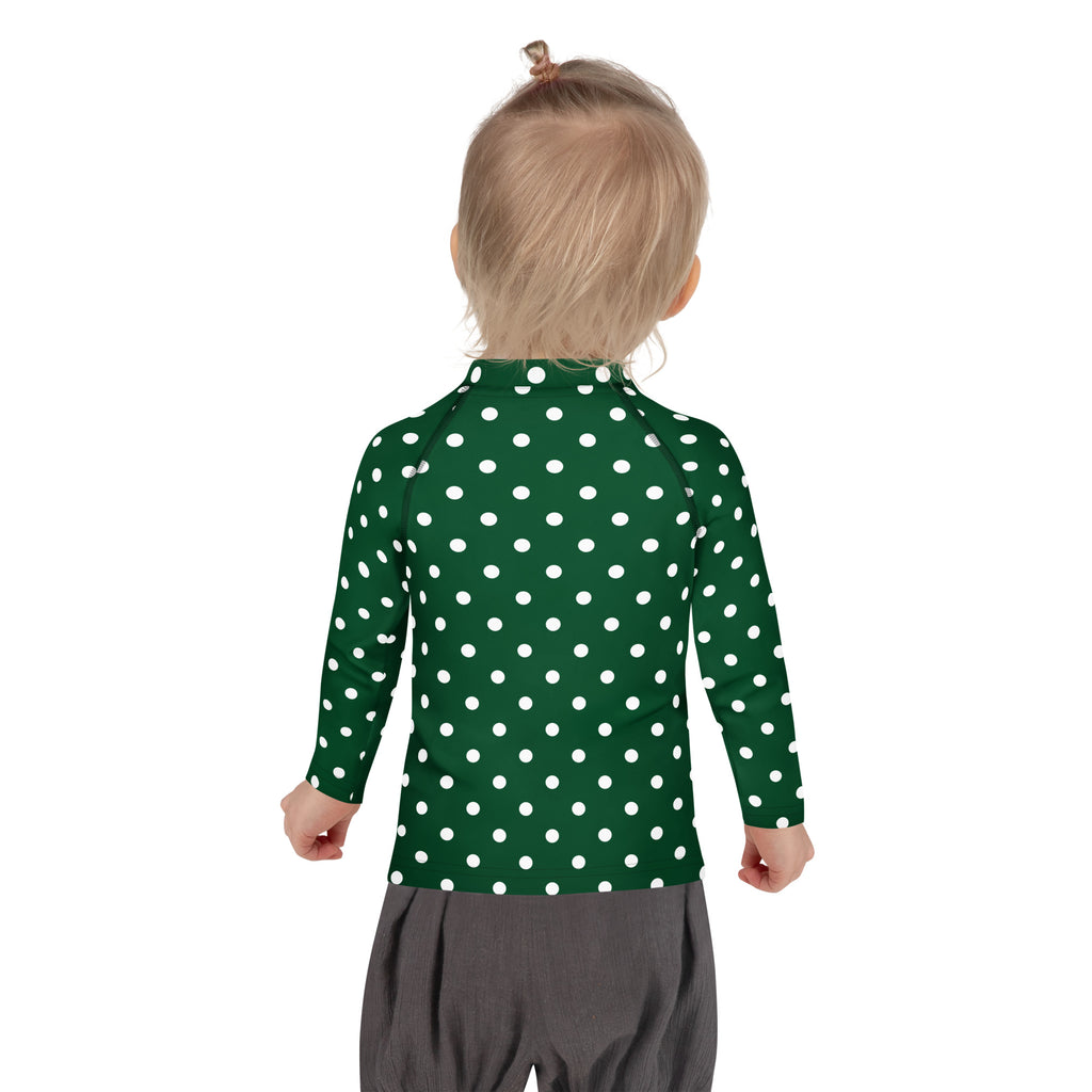 Kids Dark Green Polka Dot Long Sleeve Rash Guard Swim Shirt – Buttery Soft, Sun Safe UPF 50+ Protection, Quick Dry & 4-Way Stretch Comfort