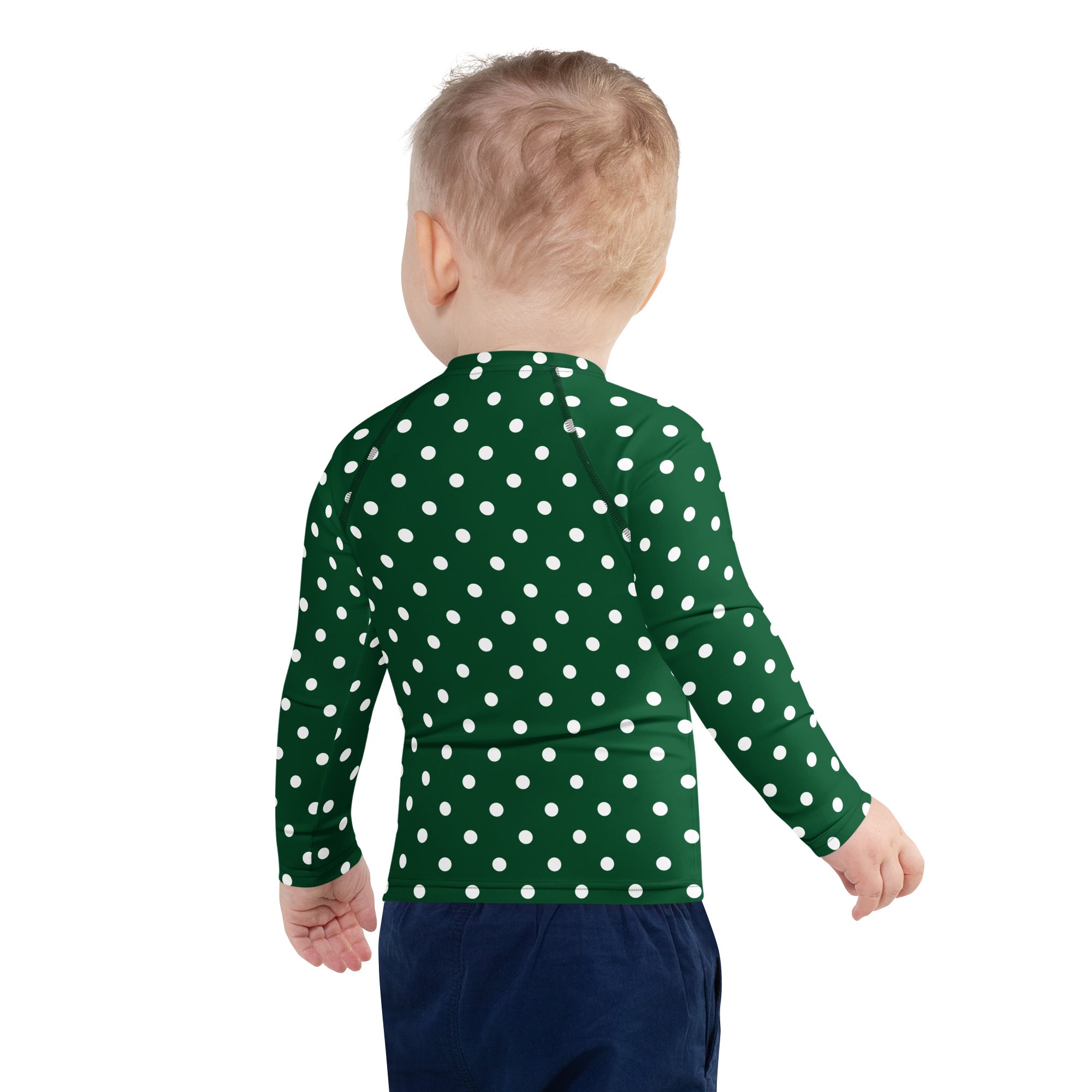 Kids Dark Green Polka Dot Long Sleeve Rash Guard Swim Shirt – Buttery Soft, Sun Safe UPF 50+ Protection, Quick Dry & 4-Way Stretch Comfort