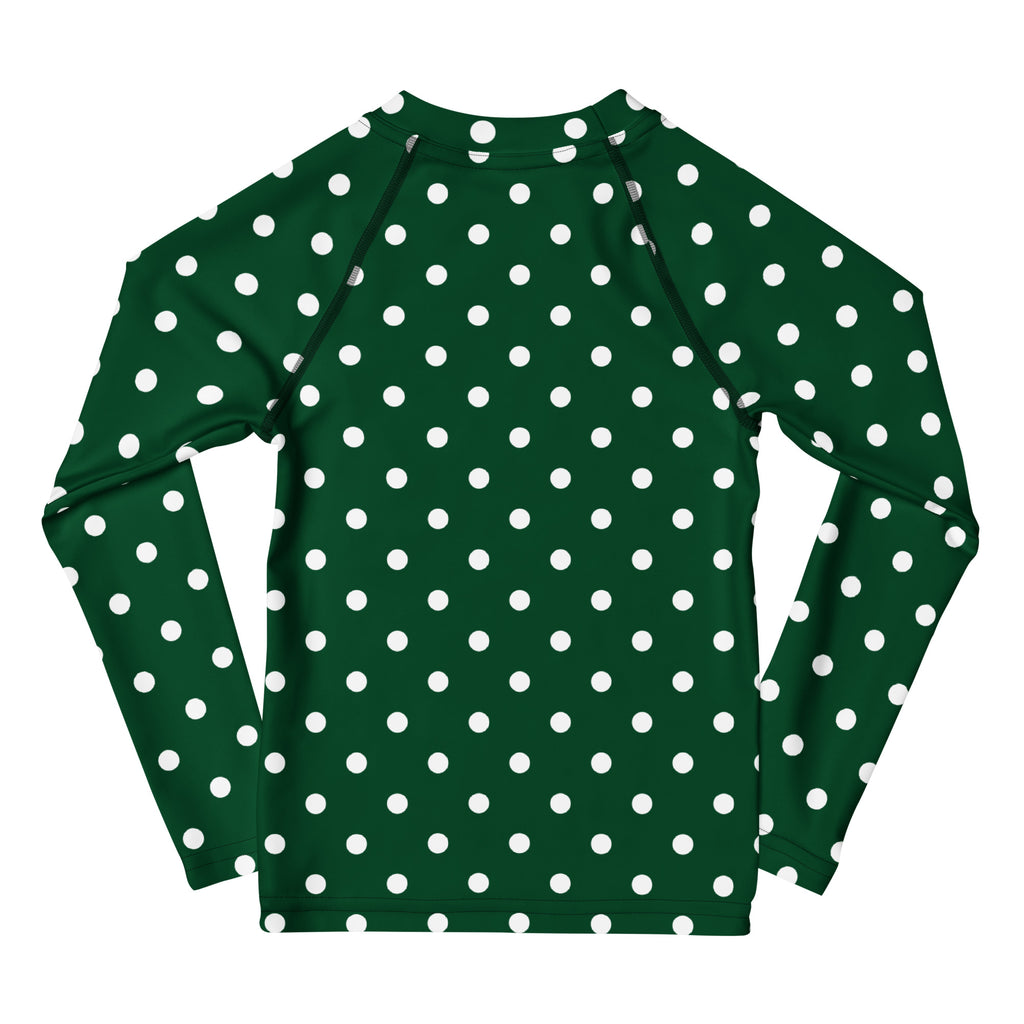 Kids Dark Green Polka Dot Long Sleeve Rash Guard Swim Shirt – Buttery Soft, Sun Safe UPF 50+ Protection, Quick Dry & 4-Way Stretch Comfort
