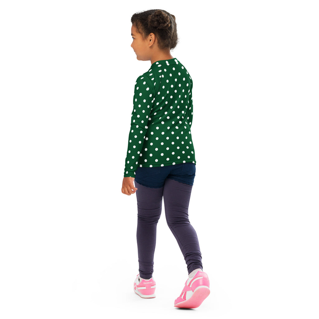 Kids Dark Green Polka Dot Long Sleeve Rash Guard Swim Shirt – Buttery Soft, Sun Safe UPF 50+ Protection, Quick Dry & 4-Way Stretch Comfort