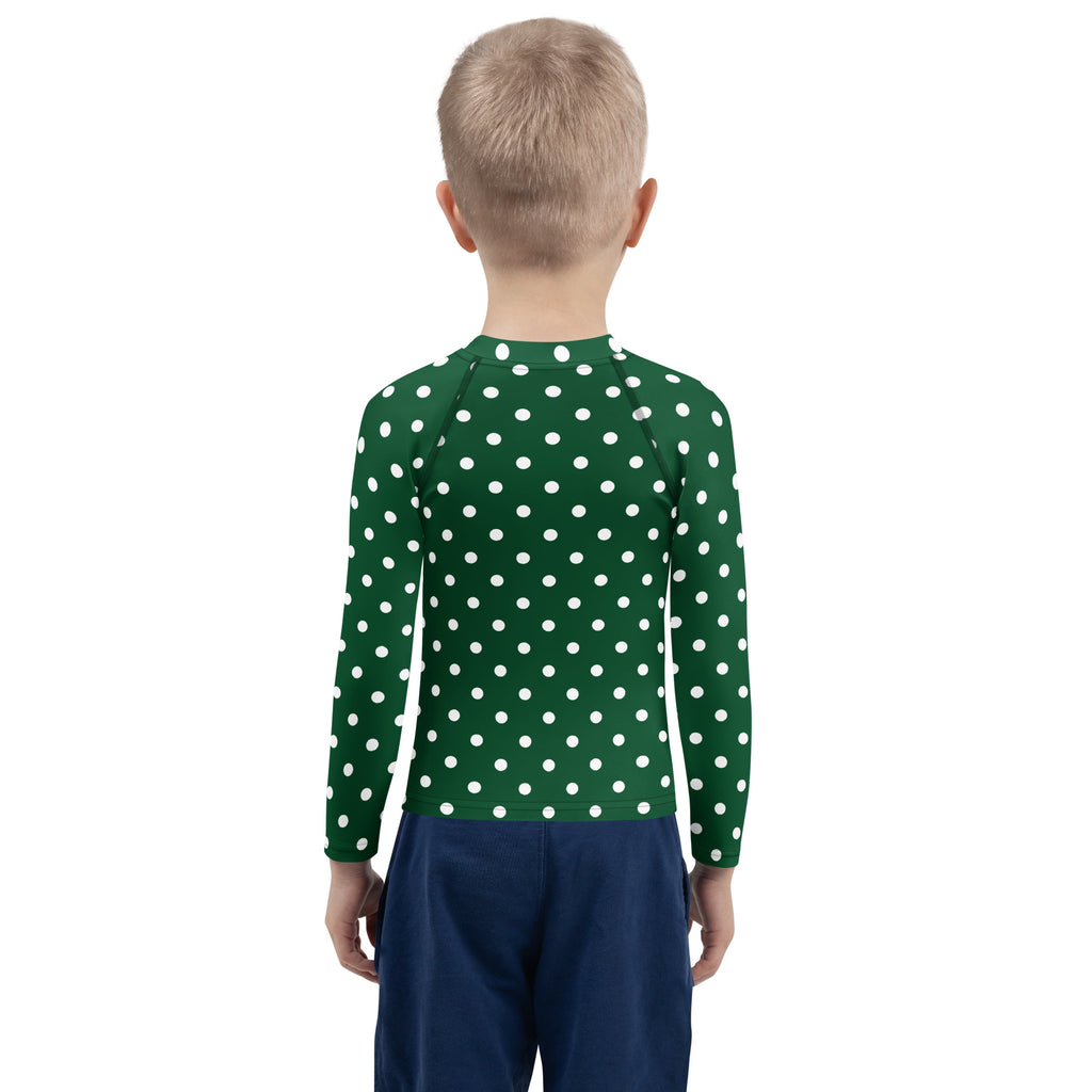 Kids Dark Green Polka Dot Long Sleeve Rash Guard Swim Shirt – Buttery Soft, Sun Safe UPF 50+ Protection, Quick Dry & 4-Way Stretch Comfort