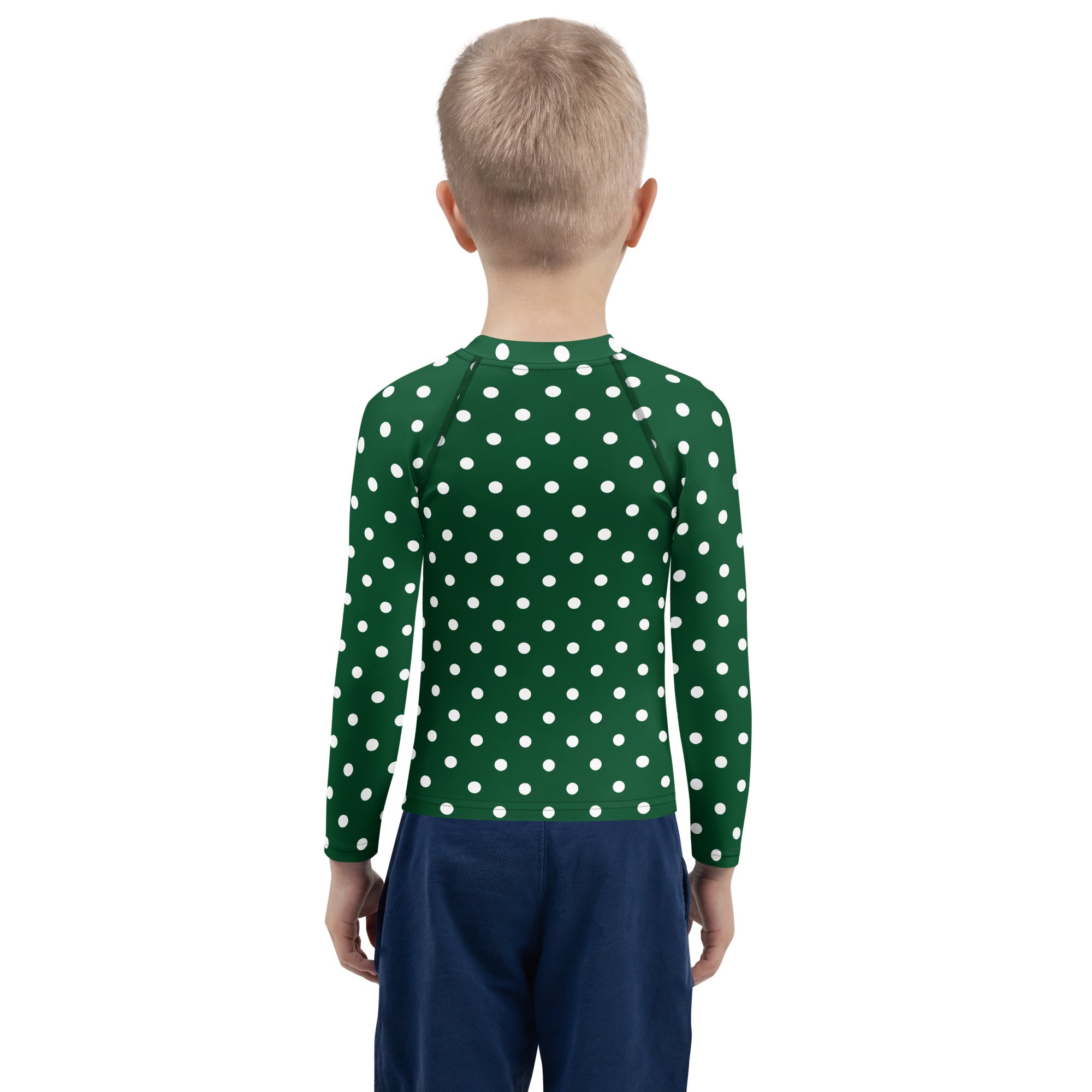 Kids Dark Green Polka Dot Long Sleeve Rash Guard Swim Shirt – Buttery Soft, Sun Safe UPF 50+ Protection, Quick Dry & 4-Way Stretch Comfort