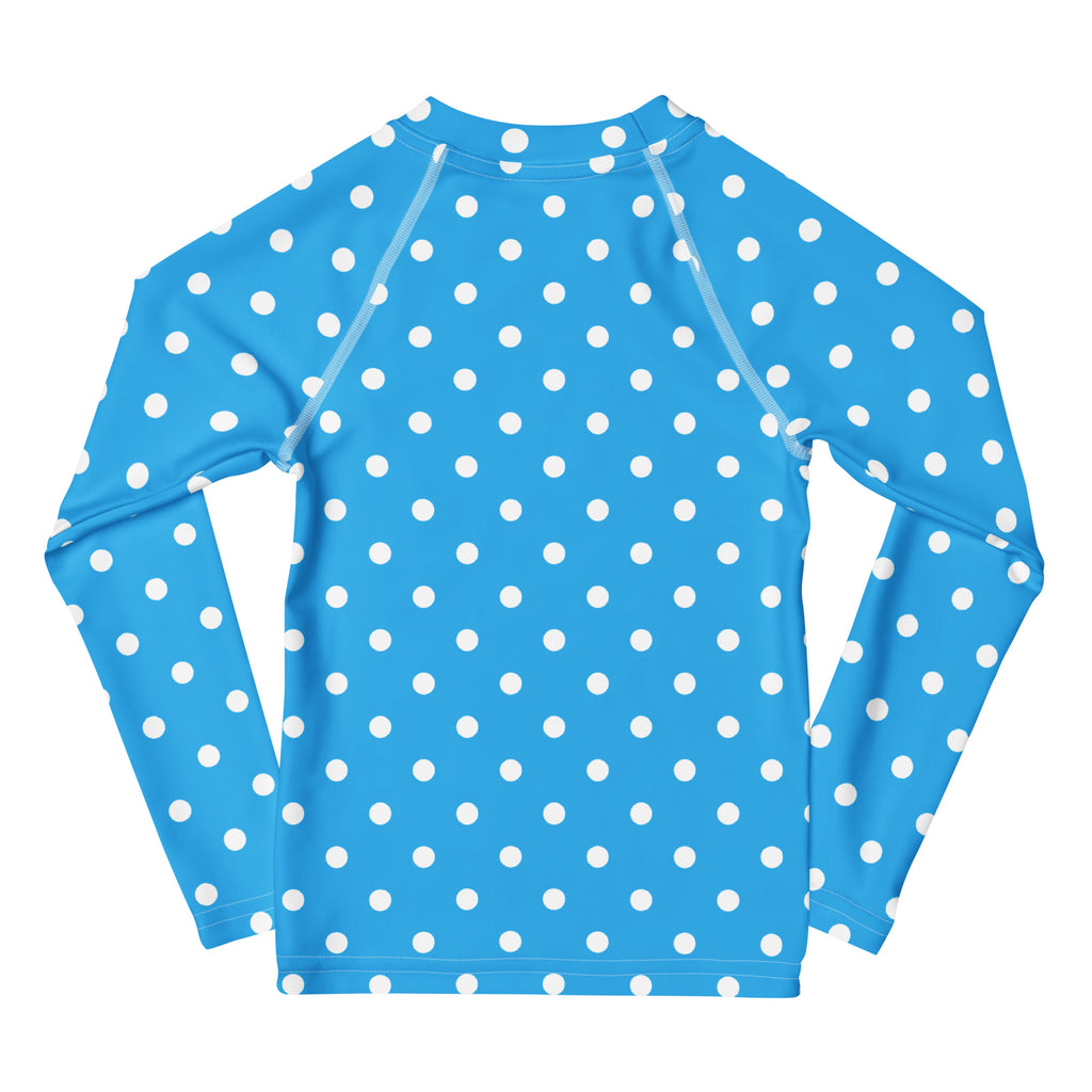 Kids Light Blue Polka Dot Long Sleeve Rash Guard Swim Shirt – Buttery Soft, Sun Safe UPF 50+ Protection, Quick Dry & 4-Way Stretch Comfort