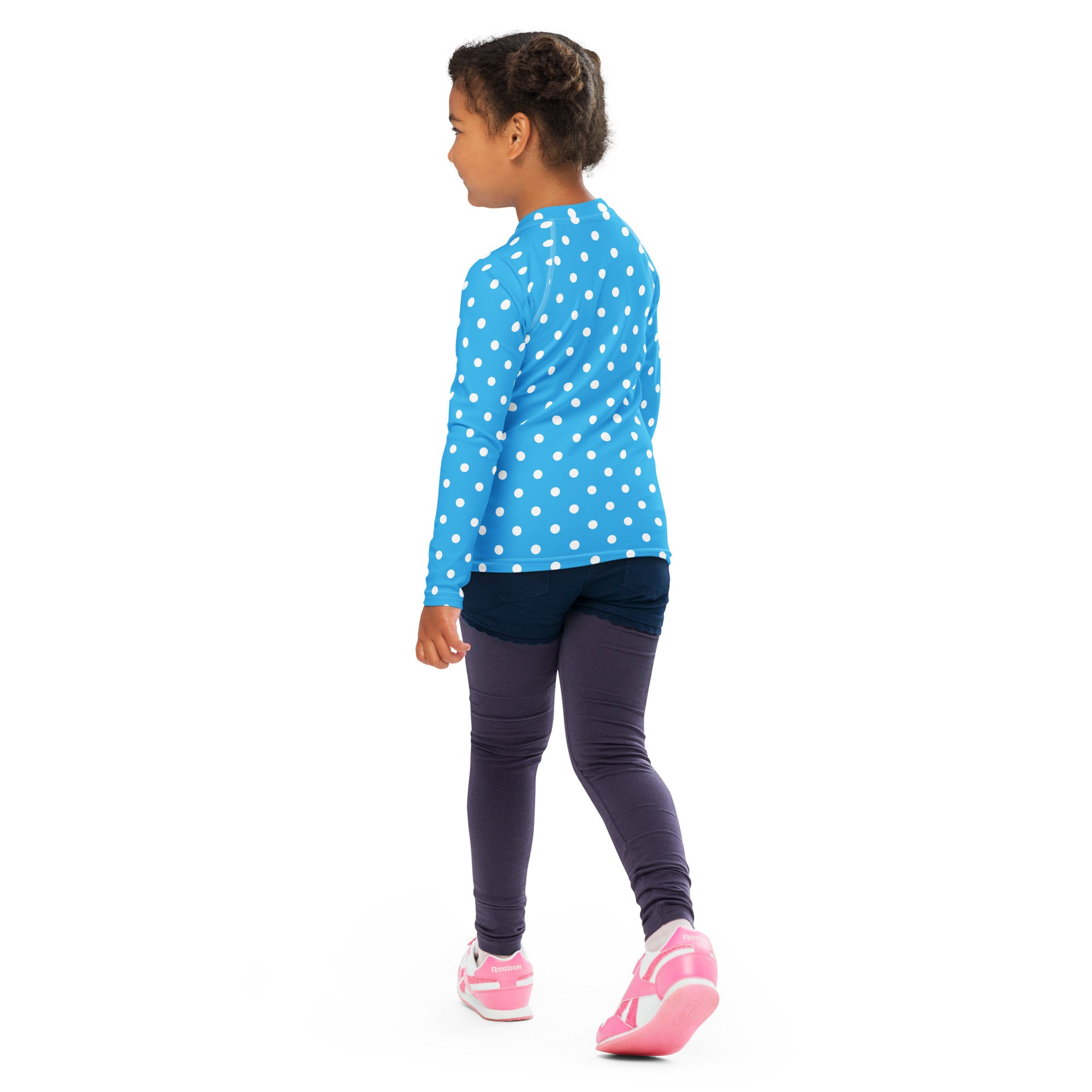Kids Light Blue Polka Dot Long Sleeve Rash Guard Swim Shirt – Buttery Soft, Sun Safe UPF 50+ Protection, Quick Dry & 4-Way Stretch Comfort