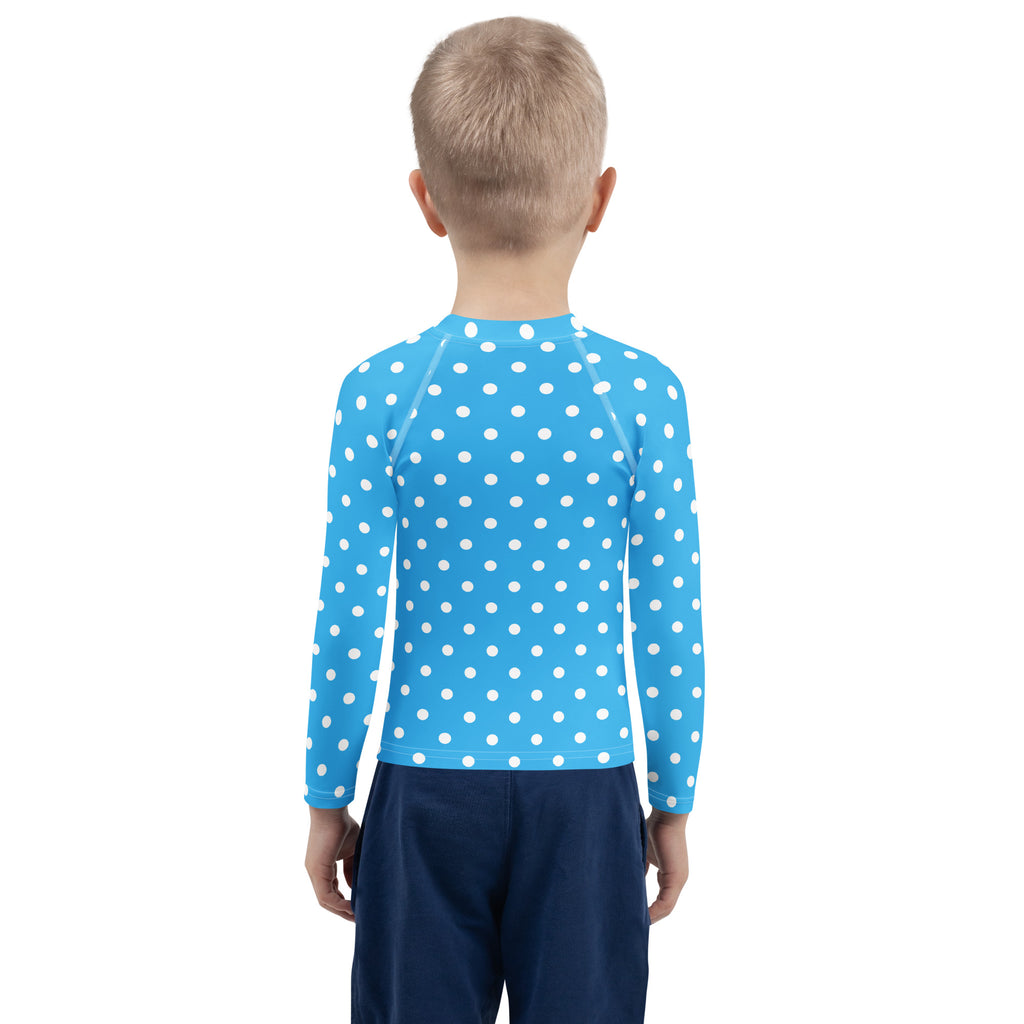Kids Light Blue Polka Dot Long Sleeve Rash Guard Swim Shirt – Buttery Soft, Sun Safe UPF 50+ Protection, Quick Dry & 4-Way Stretch Comfort
