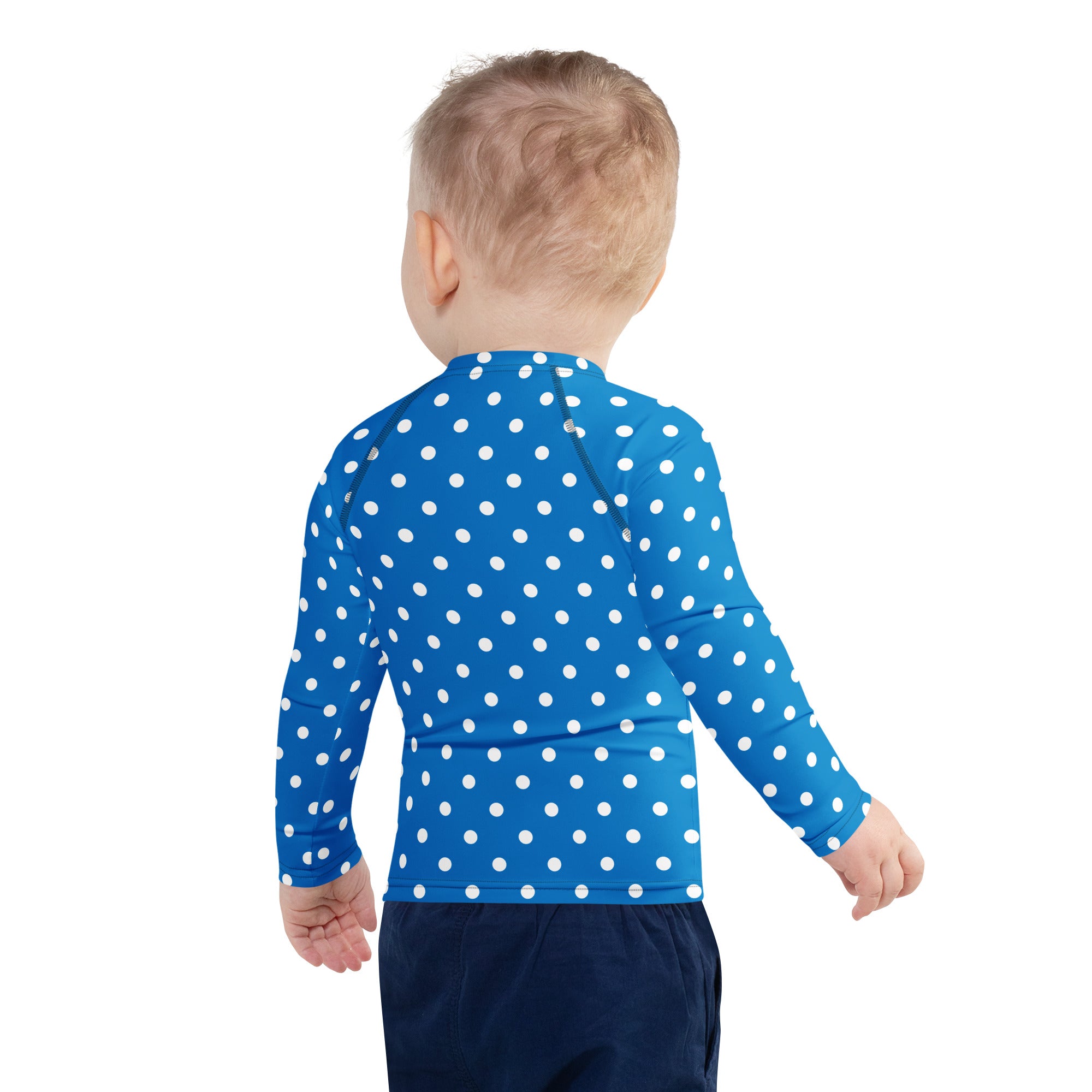 Kids Royal Blue Polka Dot Long Sleeve Rash Guard Swim Shirt – Buttery Soft, Sun Safe UPF 50+ Protection, Quick Dry & 4-Way Stretch Comfort