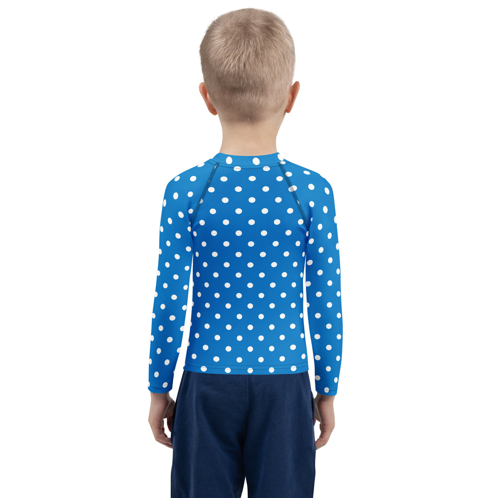 Kids Royal Blue Polka Dot Long Sleeve Rash Guard Swim Shirt – Buttery Soft, Sun Safe UPF 50+ Protection, Quick Dry & 4-Way Stretch Comfort
