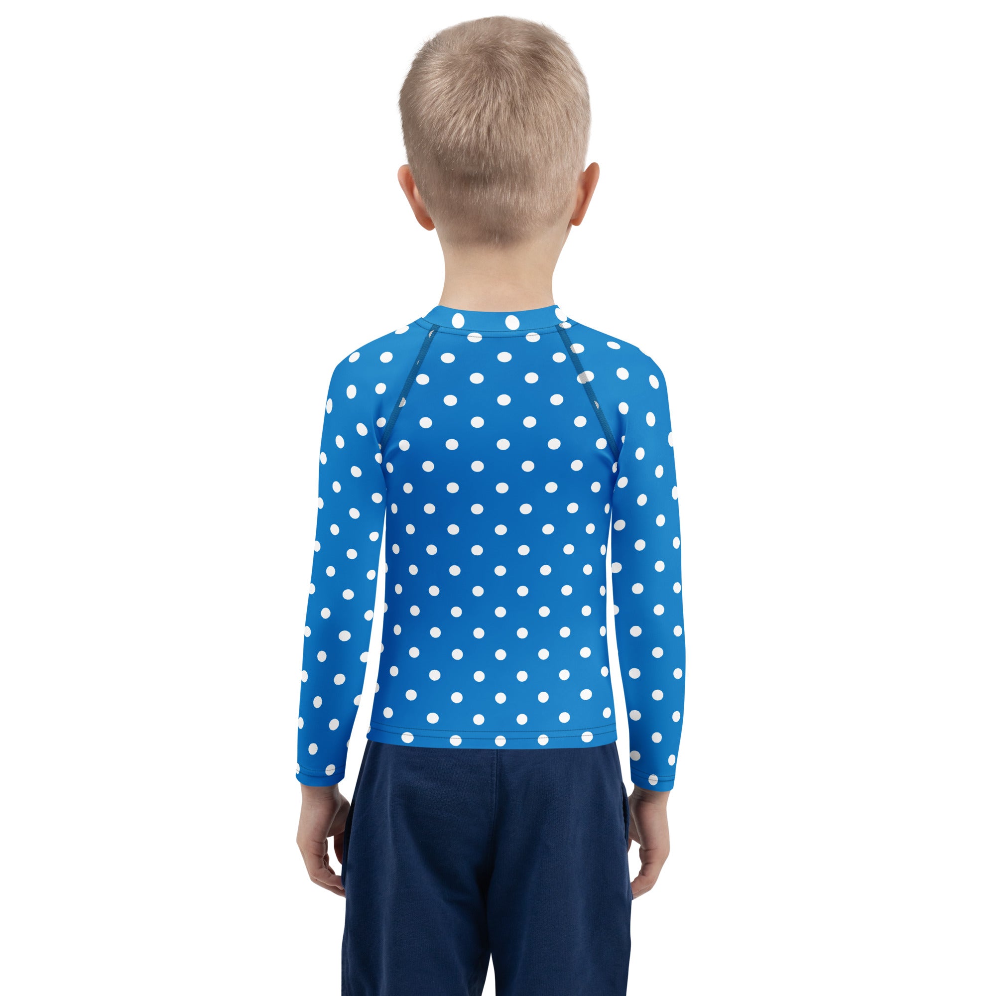 Kids Royal Blue Polka Dot Long Sleeve Rash Guard Swim Shirt – Buttery Soft, Sun Safe UPF 50+ Protection, Quick Dry & 4-Way Stretch Comfort