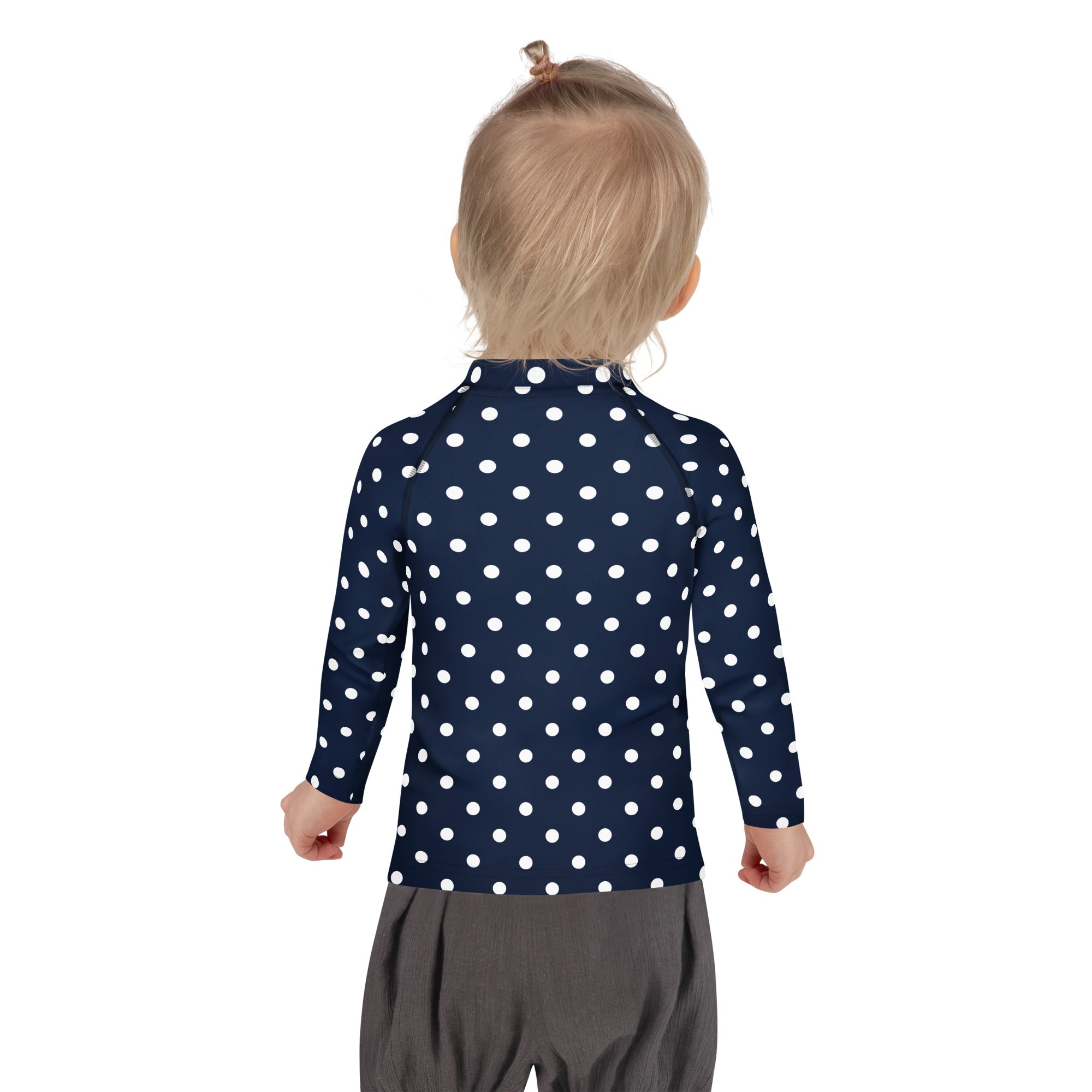 Kids Navy Blue Polka Dot Long Sleeve Rash Guard Swim Shirt – Buttery Soft, Sun Safe UPF 50+ Protection, Quick Dry & 4-Way Stretch Comfort
