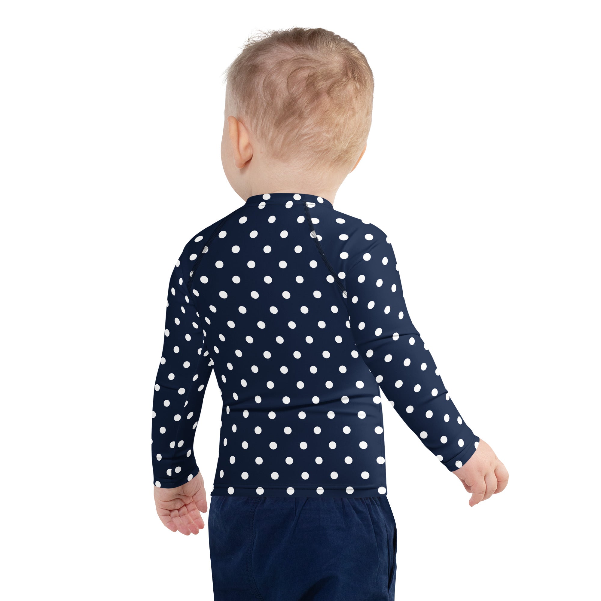 Kids Navy Blue Polka Dot Long Sleeve Rash Guard Swim Shirt – Buttery Soft, Sun Safe UPF 50+ Protection, Quick Dry & 4-Way Stretch Comfort