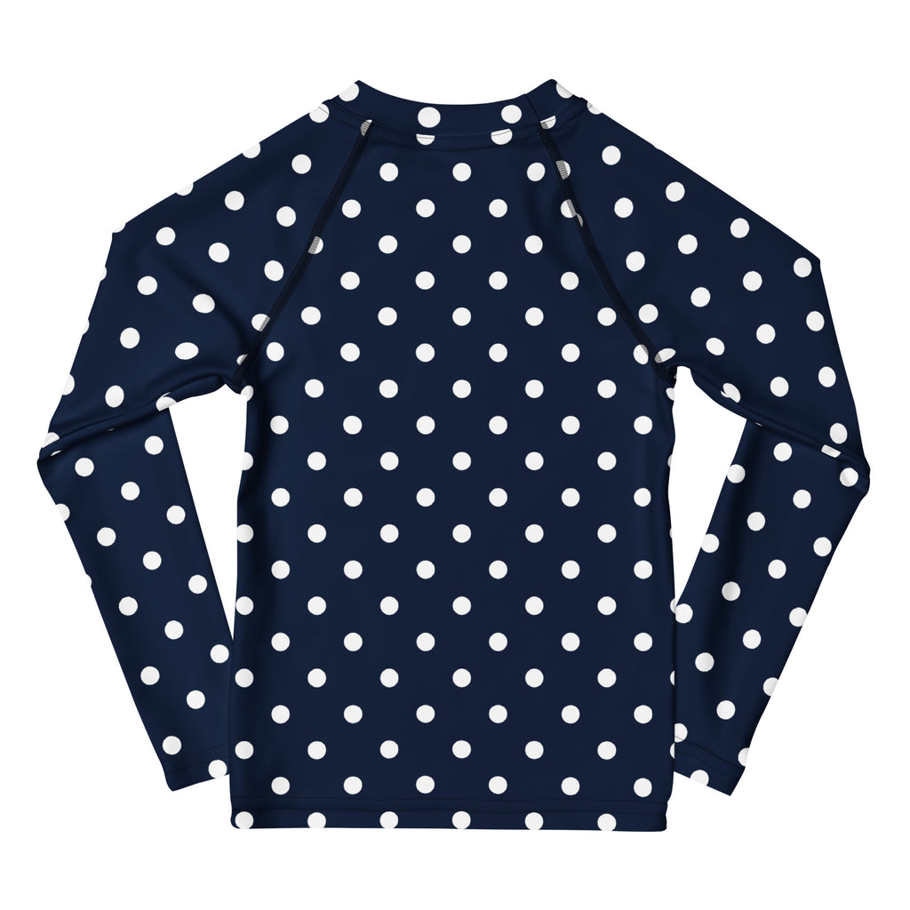Kids Navy Blue Polka Dot Long Sleeve Rash Guard Swim Shirt – Buttery Soft, Sun Safe UPF 50+ Protection, Quick Dry & 4-Way Stretch Comfort