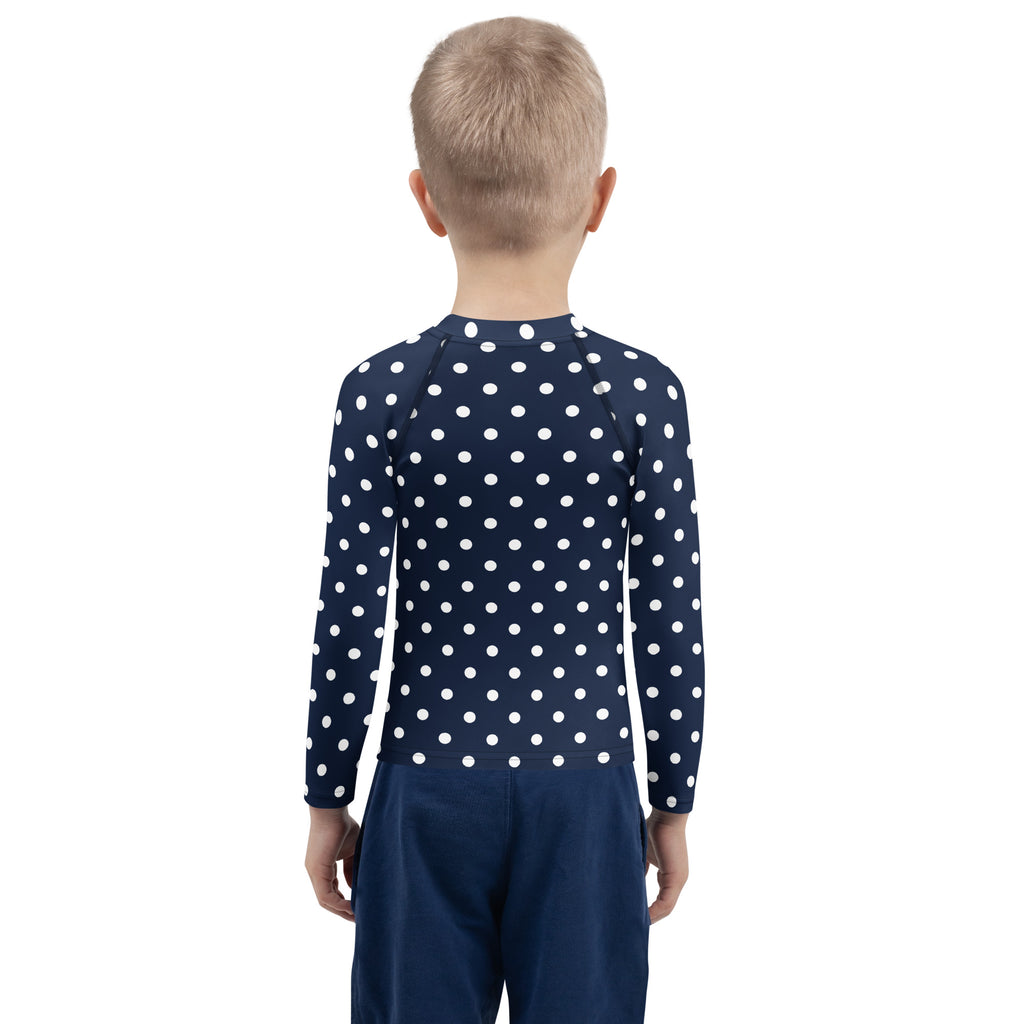 Kids Navy Blue Polka Dot Long Sleeve Rash Guard Swim Shirt – Buttery Soft, Sun Safe UPF 50+ Protection, Quick Dry & 4-Way Stretch Comfort