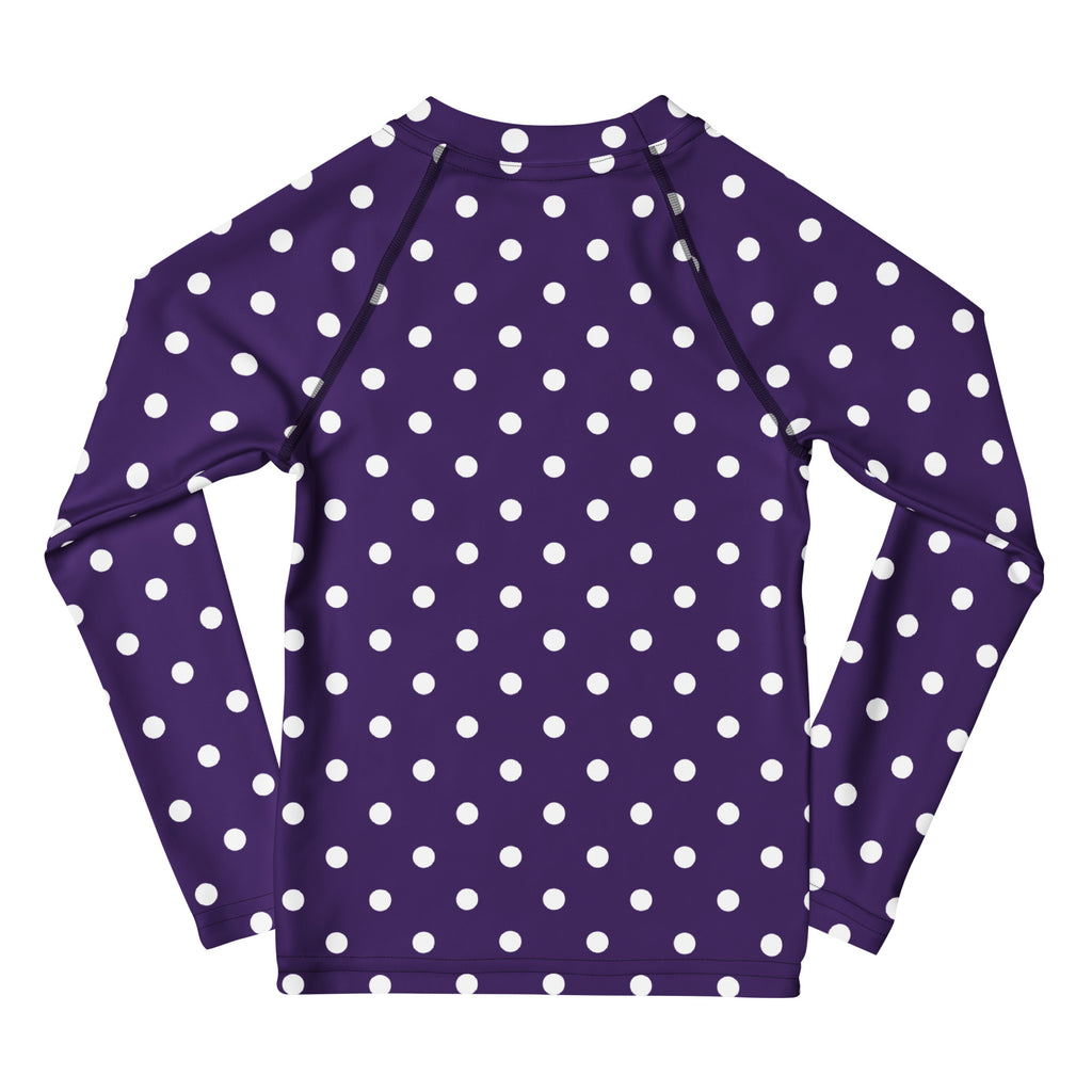 Girls Dark Purple Polka Dot Long Sleeve Rash Guard Swim Shirt – Buttery Soft, Sun Safe UPF 50+ Protection, Quick Dry & 4-Way Stretch Comfort