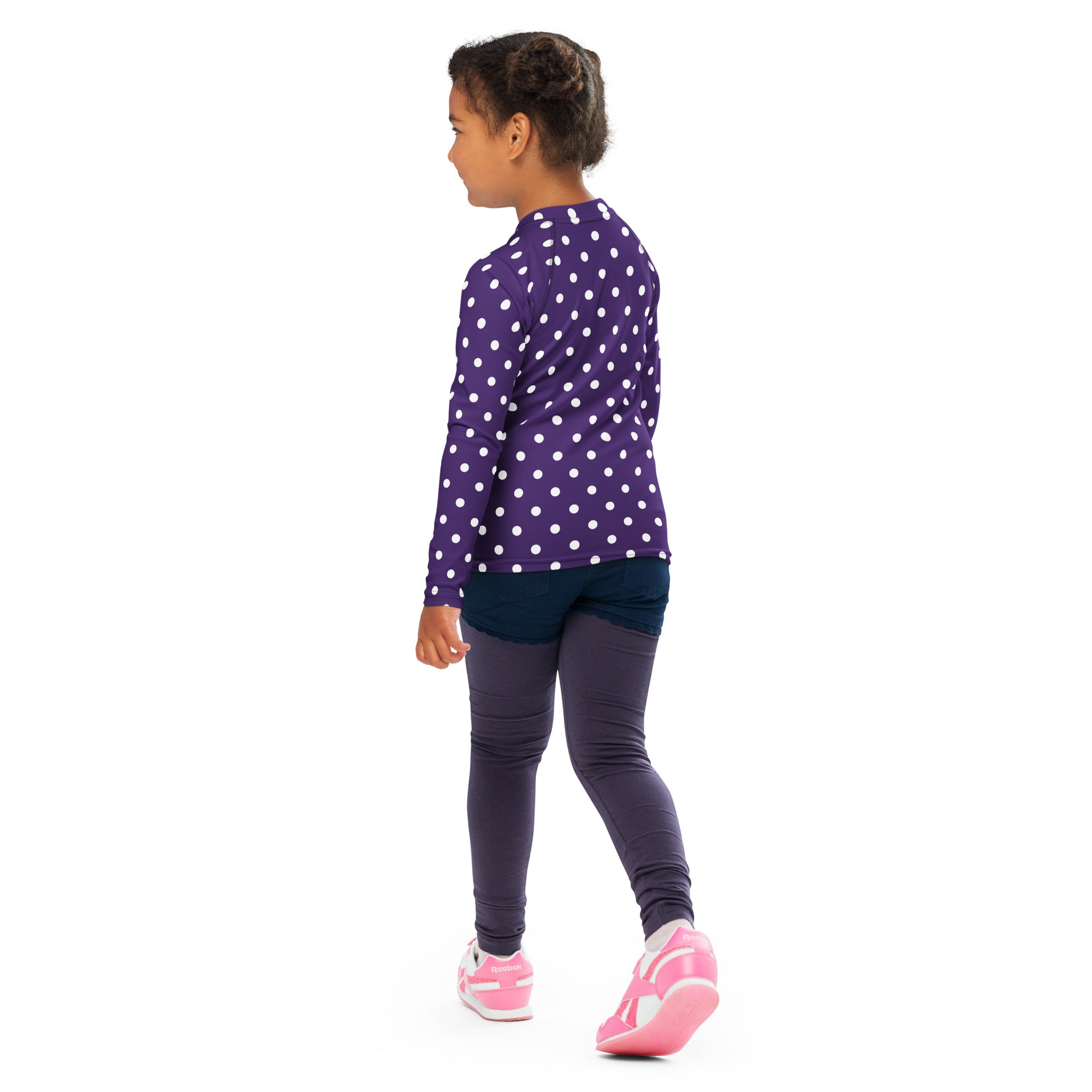 Girls Dark Purple Polka Dot Long Sleeve Rash Guard Swim Shirt – Buttery Soft, Sun Safe UPF 50+ Protection, Quick Dry & 4-Way Stretch Comfort