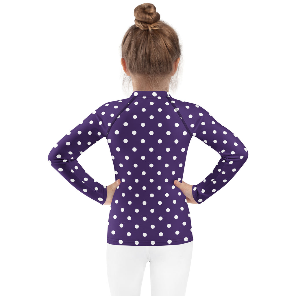 Girls Dark Purple Polka Dot Long Sleeve Rash Guard Swim Shirt – Buttery Soft, Sun Safe UPF 50+ Protection, Quick Dry & 4-Way Stretch Comfort