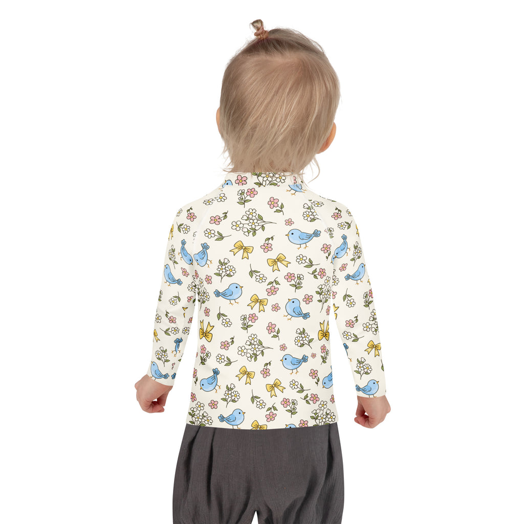 Kids Blue Bird Floral Long Sleeve Rash Guard Swim Shirt – Buttery Soft, Sun Safe UPF 50+ Protection, Quick Dry & 4-Way Stretch Comfort