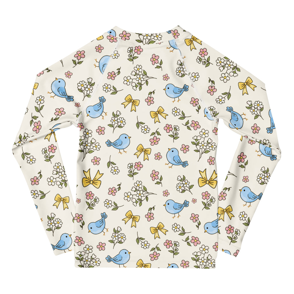 Kids Blue Bird Floral Long Sleeve Rash Guard Swim Shirt – Buttery Soft, Sun Safe UPF 50+ Protection, Quick Dry & 4-Way Stretch Comfort