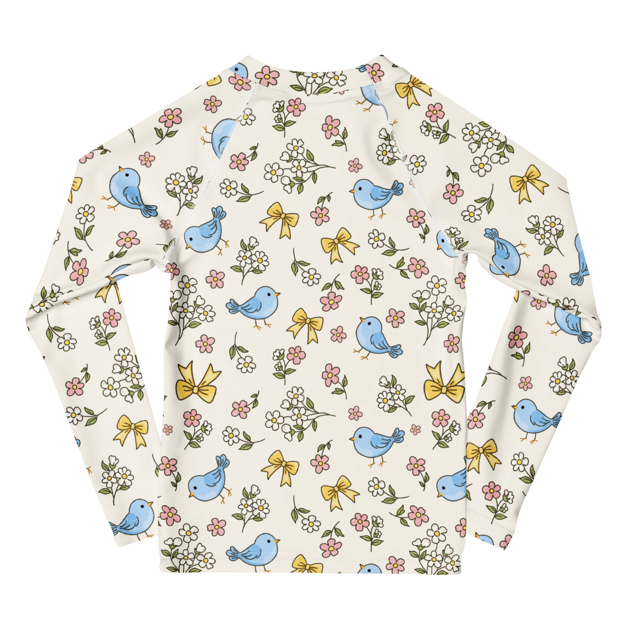 Kids Blue Bird Floral Long Sleeve Rash Guard Swim Shirt – Buttery Soft, Sun Safe UPF 50+ Protection, Quick Dry & 4-Way Stretch Comfort