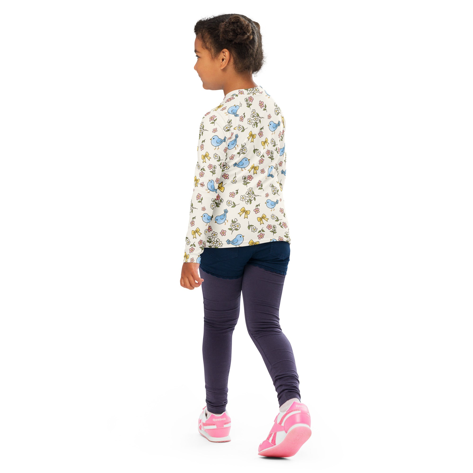 Kids Blue Bird Floral Long Sleeve Rash Guard Swim Shirt – Buttery Soft, Sun Safe UPF 50+ Protection, Quick Dry & 4-Way Stretch Comfort