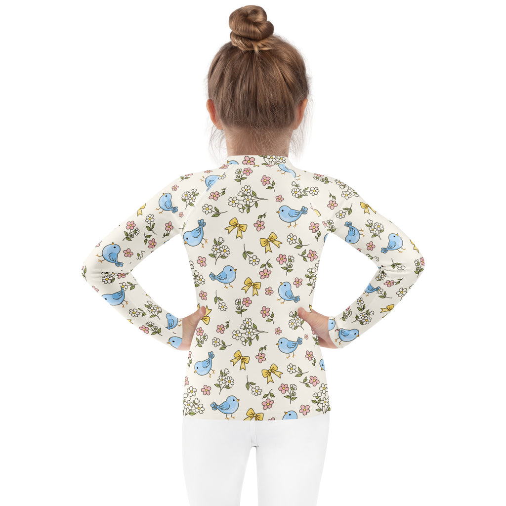 Kids Blue Bird Floral Long Sleeve Rash Guard Swim Shirt – Buttery Soft, Sun Safe UPF 50+ Protection, Quick Dry & 4-Way Stretch Comfort