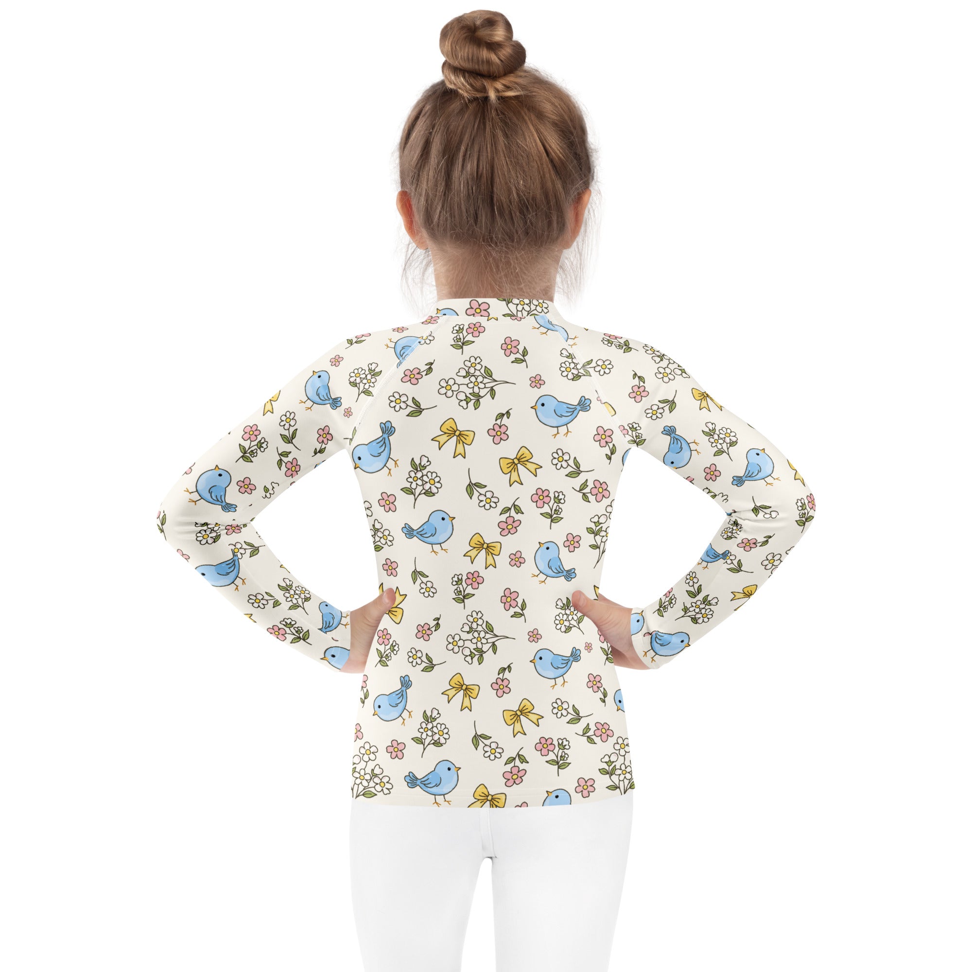 Kids Blue Bird Floral Long Sleeve Rash Guard Swim Shirt – Buttery Soft, Sun Safe UPF 50+ Protection, Quick Dry & 4-Way Stretch Comfort