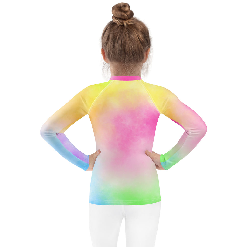 Girls Pastel Rainbow Tie Dye Long Sleeve Rash Guard Swim Shirt – Buttery Soft, Sun Safe UPF 50+ Protection, Quick Dry & 4-Way Stretch Comfort