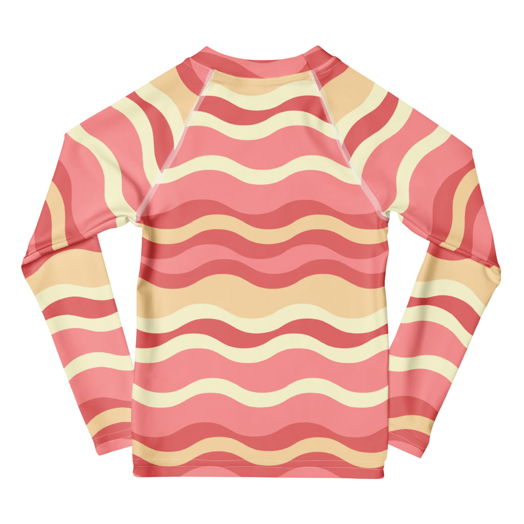 Kids Retro Pink Sand Waves Long Sleeve Rash Guard Swim Shirt – Buttery Soft, Sun Safe UPF 50+ Protection, Quick Dry & 4-Way Stretch Comfort