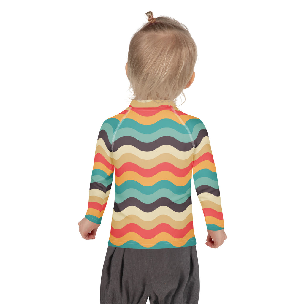Kids Retro Beach Waves Long Sleeve Rash Guard Swim Shirt – Buttery Soft, Sun Safe UPF 50+ Protection, Quick Dry & 4-Way Stretch Comfort