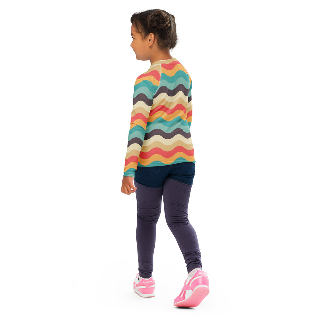 Kids Retro Beach Waves Long Sleeve Rash Guard Swim Shirt – Buttery Soft, Sun Safe UPF 50+ Protection, Quick Dry & 4-Way Stretch Comfort