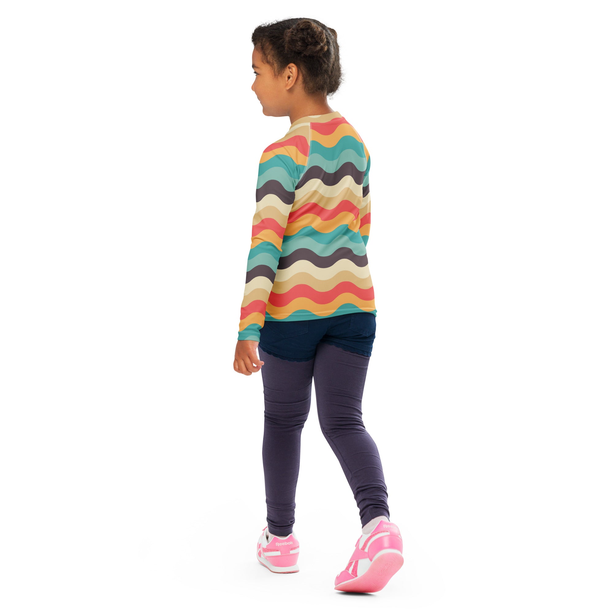 Kids Retro Beach Waves Long Sleeve Rash Guard Swim Shirt – Buttery Soft, Sun Safe UPF 50+ Protection, Quick Dry & 4-Way Stretch Comfort