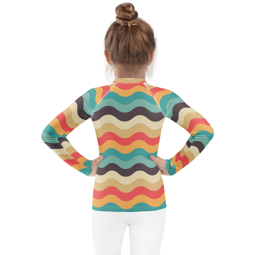 Kids Retro Beach Waves Long Sleeve Rash Guard Swim Shirt – Buttery Soft, Sun Safe UPF 50+ Protection, Quick Dry & 4-Way Stretch Comfort