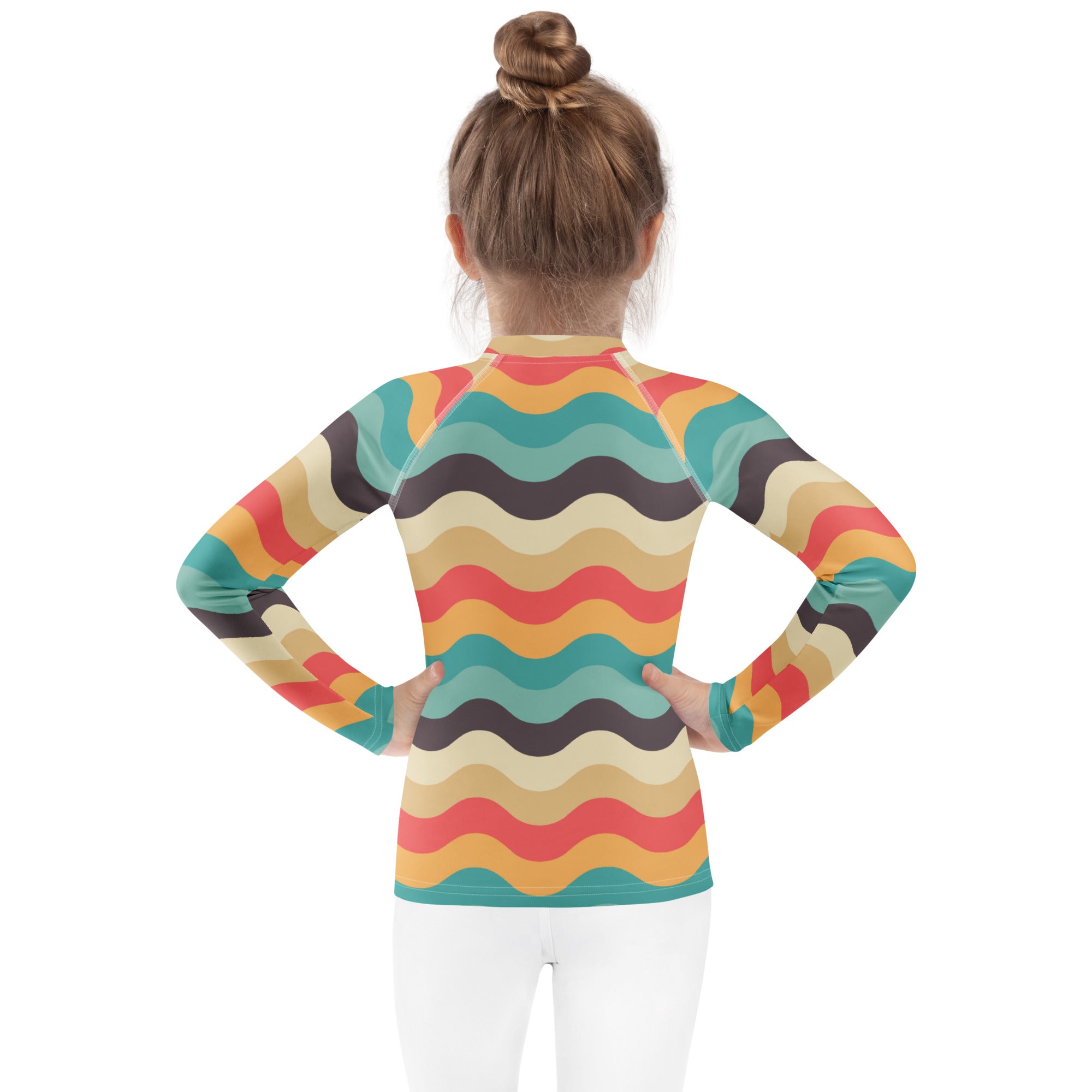 Kids Retro Beach Waves Long Sleeve Rash Guard Swim Shirt – Buttery Soft, Sun Safe UPF 50+ Protection, Quick Dry & 4-Way Stretch Comfort