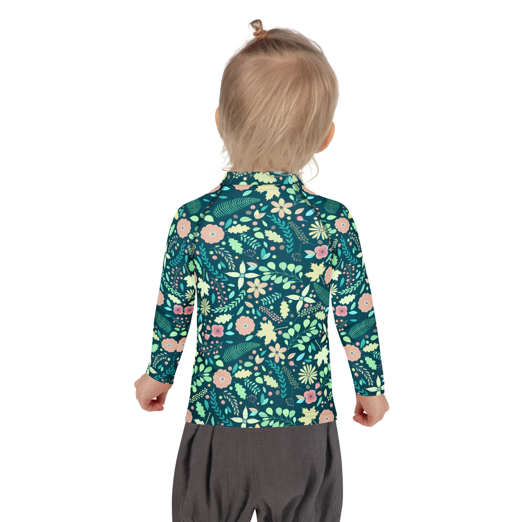 Kids Tropical Green Wildflower Garden Long Sleeve Rash Guard Swim Shirt – Buttery Soft, Sun Safe UPF 50+ Protection, Quick Dry & 4-Way Stretch Comfort