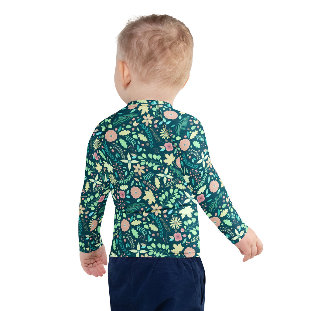Kids Tropical Green Wildflower Garden Long Sleeve Rash Guard Swim Shirt – Buttery Soft, Sun Safe UPF 50+ Protection, Quick Dry & 4-Way Stretch Comfort