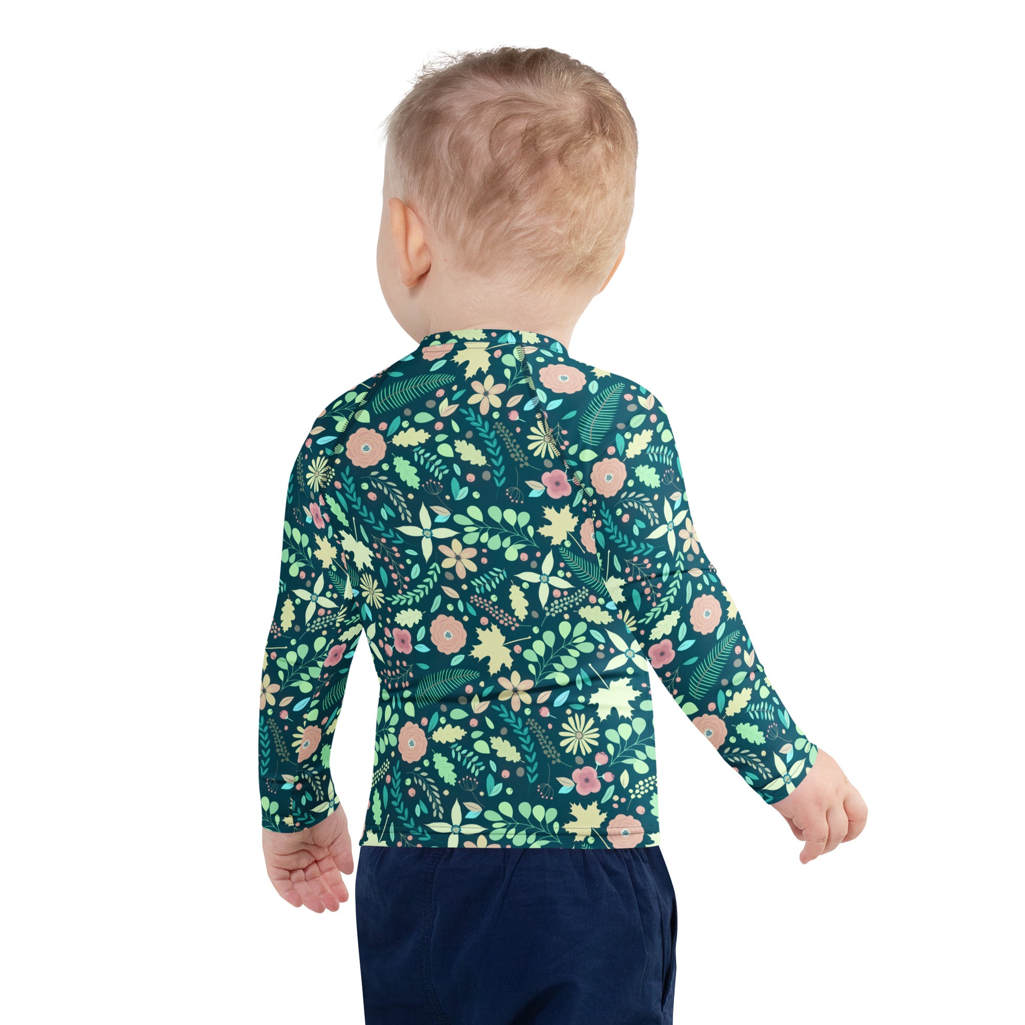 Kids Tropical Green Wildflower Garden Long Sleeve Rash Guard Swim Shirt – Buttery Soft, Sun Safe UPF 50+ Protection, Quick Dry & 4-Way Stretch Comfort