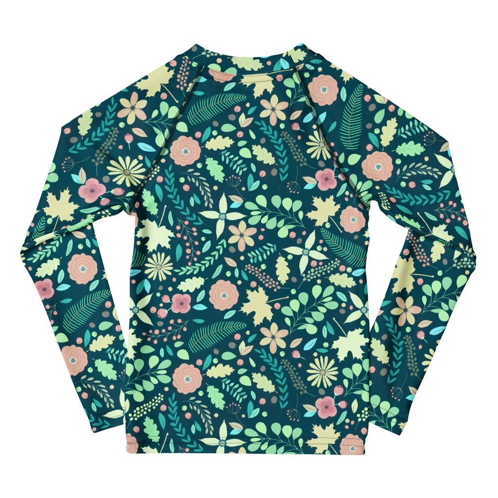 Kids Tropical Green Wildflower Garden Long Sleeve Rash Guard Swim Shirt – Buttery Soft, Sun Safe UPF 50+ Protection, Quick Dry & 4-Way Stretch Comfort