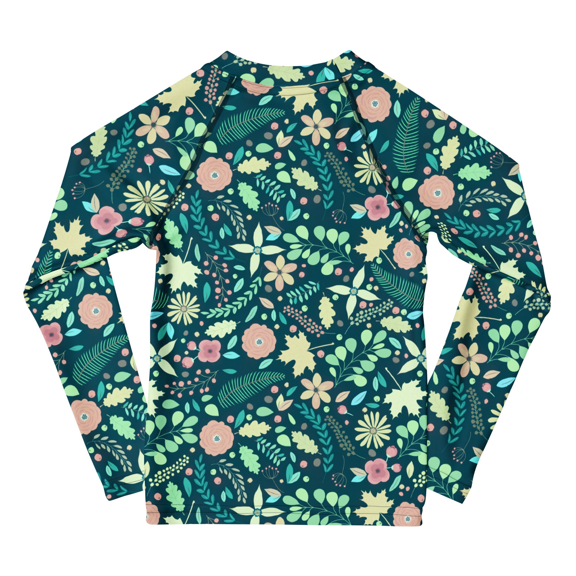 Kids Tropical Green Wildflower Garden Long Sleeve Rash Guard Swim Shirt – Buttery Soft, Sun Safe UPF 50+ Protection, Quick Dry & 4-Way Stretch Comfort