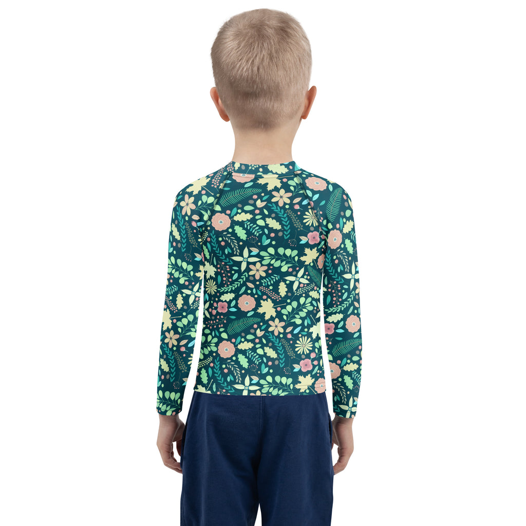 Kids Tropical Green Wildflower Garden Long Sleeve Rash Guard Swim Shirt – Buttery Soft, Sun Safe UPF 50+ Protection, Quick Dry & 4-Way Stretch Comfort