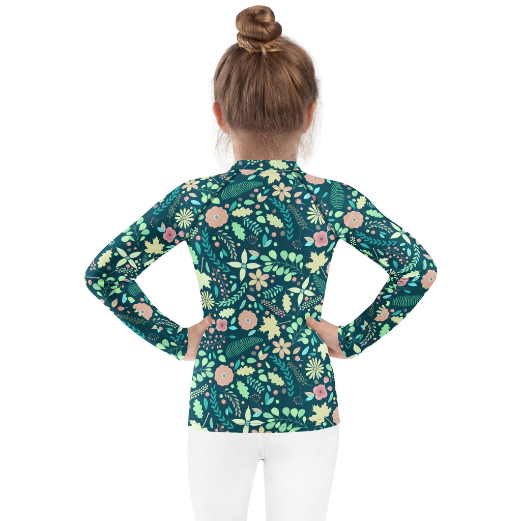 Kids Tropical Green Wildflower Garden Long Sleeve Rash Guard Swim Shirt – Buttery Soft, Sun Safe UPF 50+ Protection, Quick Dry & 4-Way Stretch Comfort