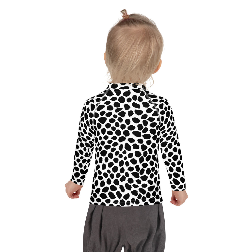 Kids Black & White Dalmatian Print Long Sleeve Rash Guard Swim Shirt – Buttery Soft, Sun Safe UPF 50+ Protection, Quick Dry & 4-Way Stretch Comfort