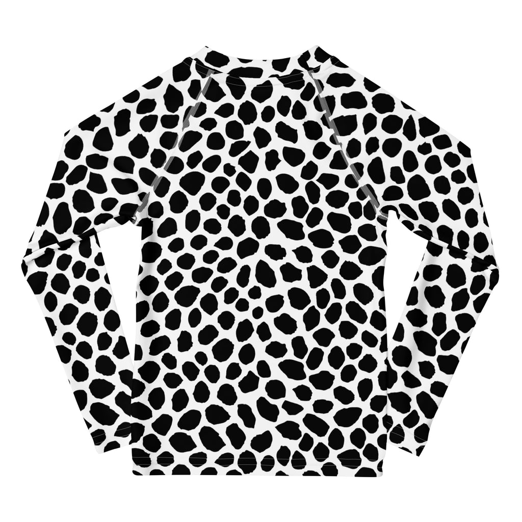 Kids Black & White Dalmatian Print Long Sleeve Rash Guard Swim Shirt – Buttery Soft, Sun Safe UPF 50+ Protection, Quick Dry & 4-Way Stretch Comfort