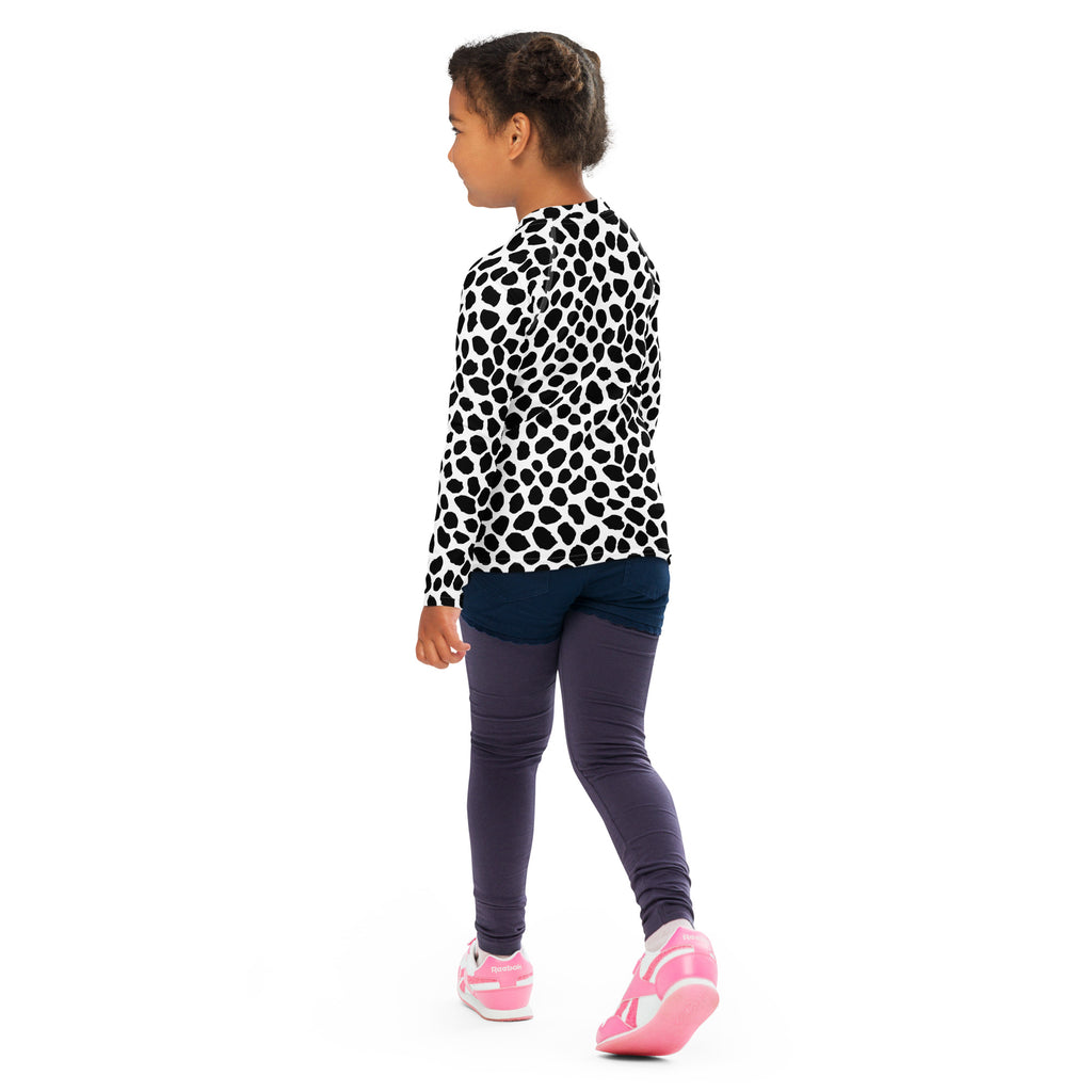 Kids Black & White Dalmatian Print Long Sleeve Rash Guard Swim Shirt – Buttery Soft, Sun Safe UPF 50+ Protection, Quick Dry & 4-Way Stretch Comfort
