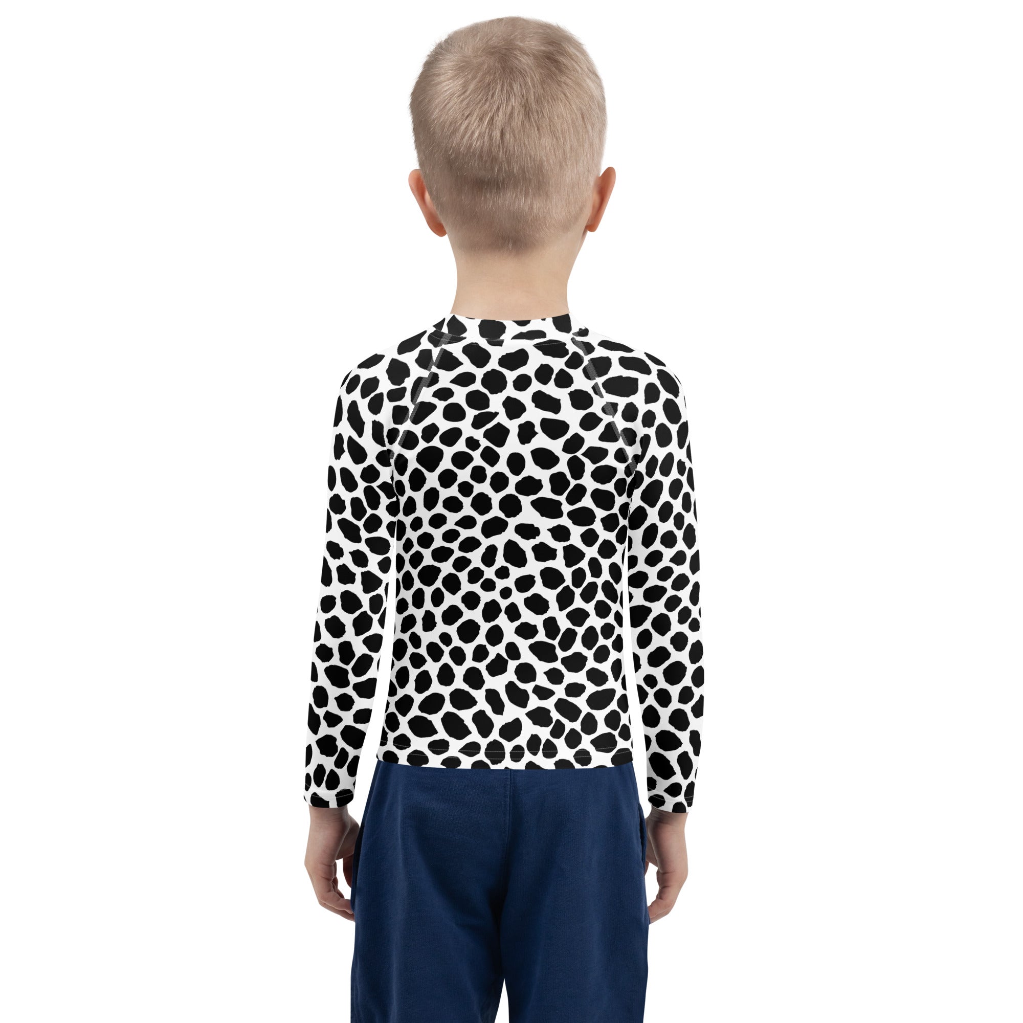 Kids Black & White Dalmatian Print Long Sleeve Rash Guard Swim Shirt – Buttery Soft, Sun Safe UPF 50+ Protection, Quick Dry & 4-Way Stretch Comfort
