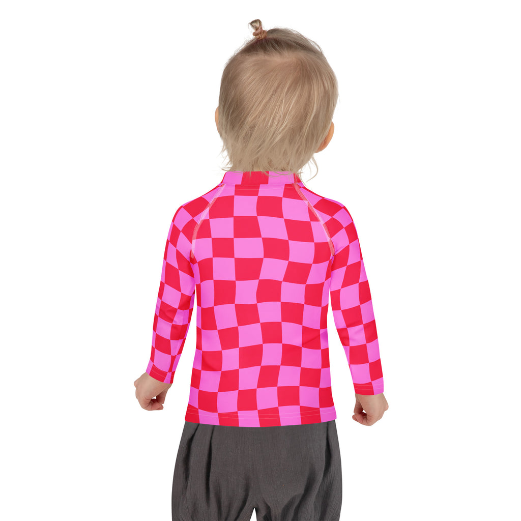 Girls Pink Checkerboard Long Sleeve Rash Guard Swim Shirt – Buttery Soft, Sun Safe UPF 50+ Protection, Quick Dry & 4-Way Stretch Comfort