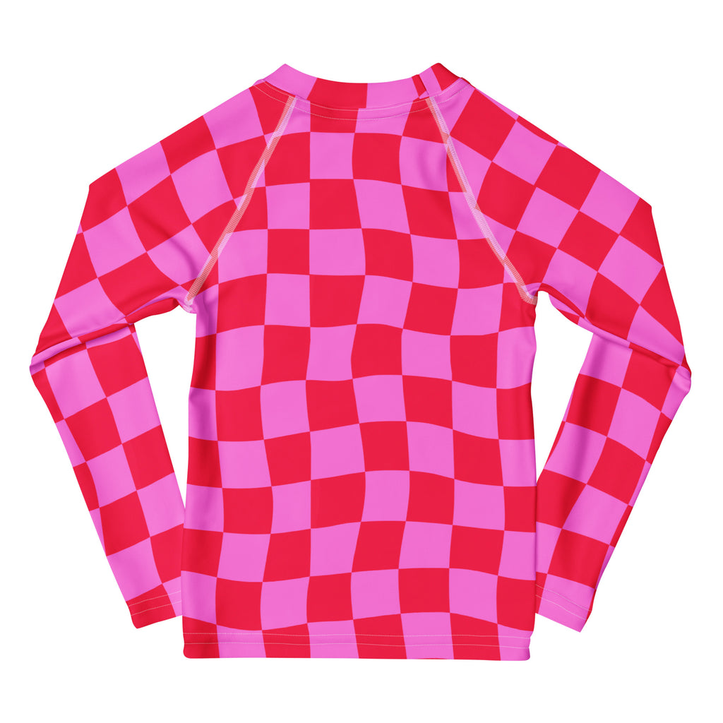 Girls Pink Checkerboard Long Sleeve Rash Guard Swim Shirt – Buttery Soft, Sun Safe UPF 50+ Protection, Quick Dry & 4-Way Stretch Comfort