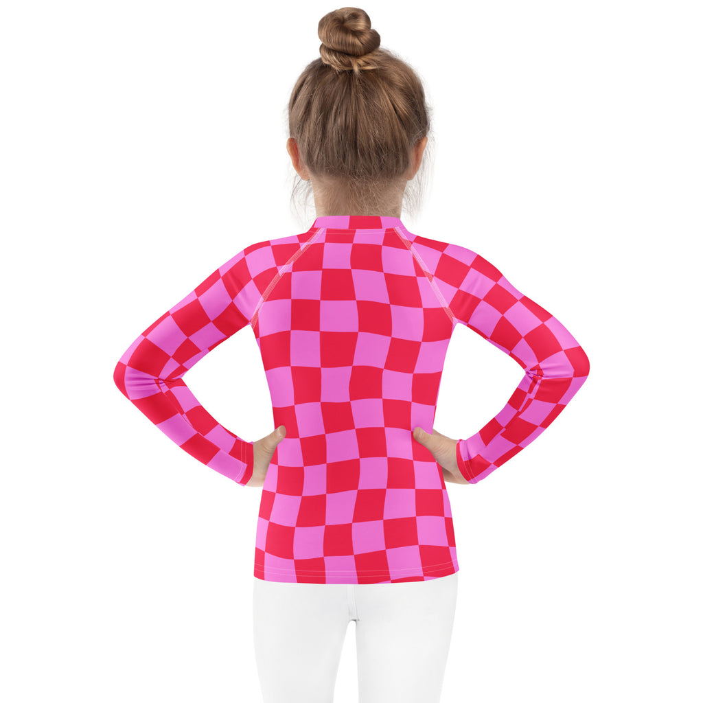 Girls Pink Checkerboard Long Sleeve Rash Guard Swim Shirt – Buttery Soft, Sun Safe UPF 50+ Protection, Quick Dry & 4-Way Stretch Comfort