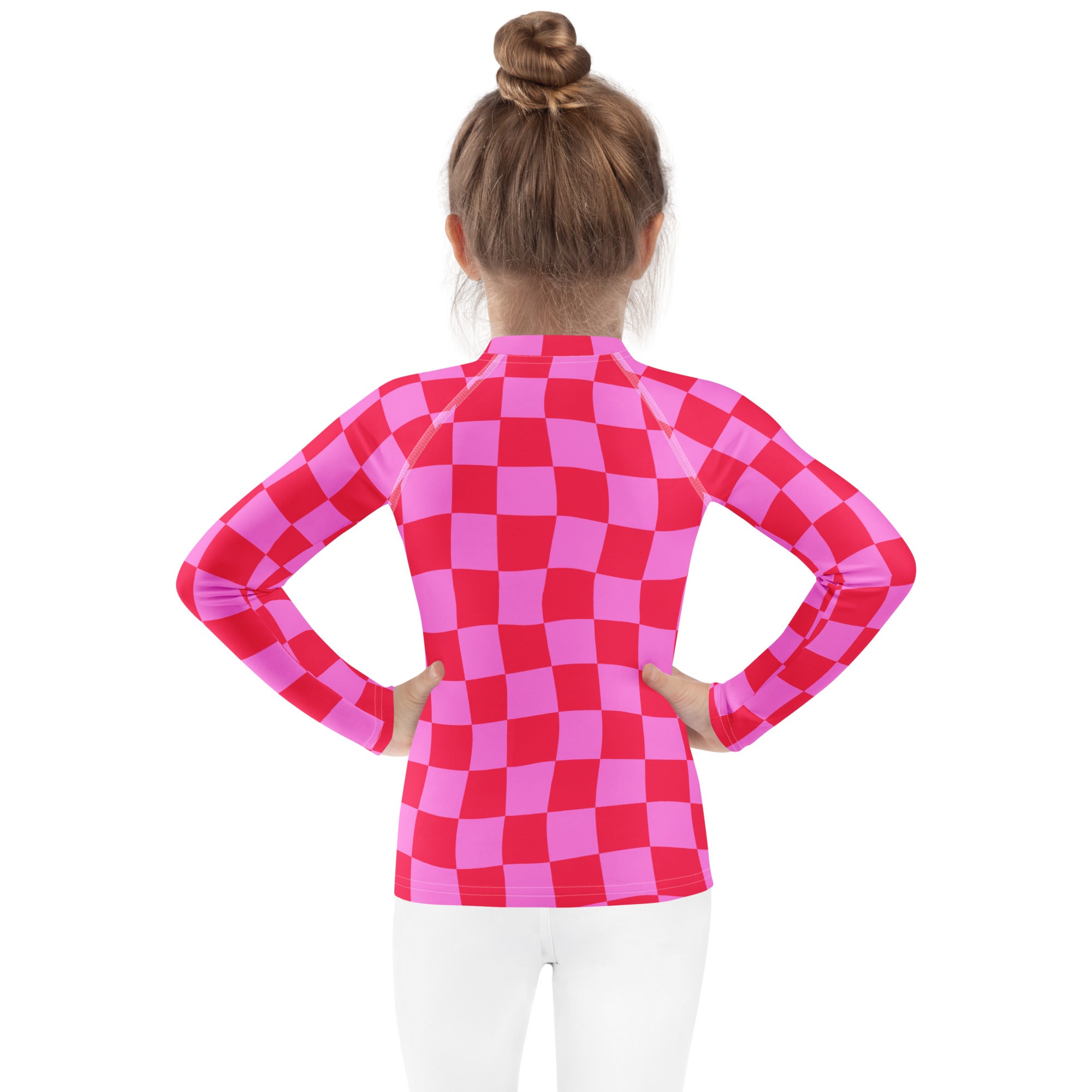 Girls Pink Checkerboard Long Sleeve Rash Guard Swim Shirt – Buttery Soft, Sun Safe UPF 50+ Protection, Quick Dry & 4-Way Stretch Comfort