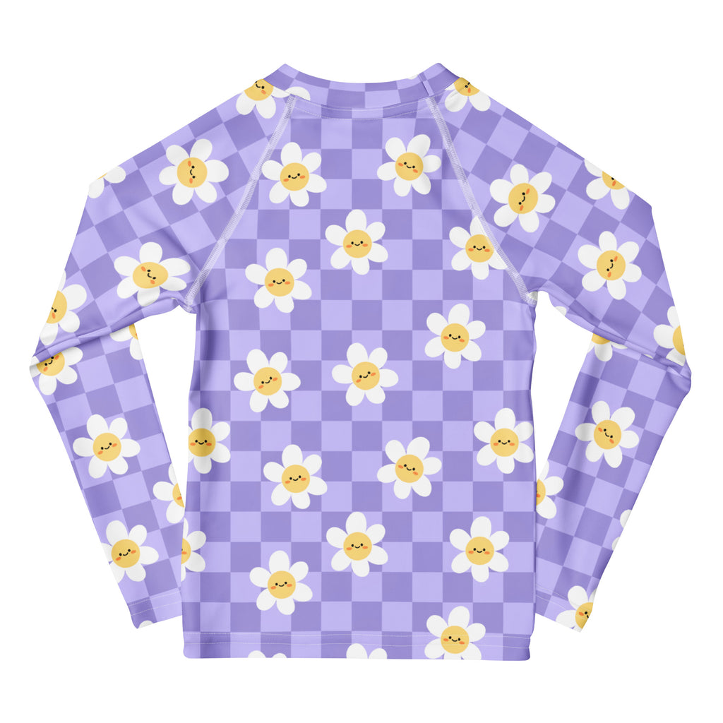Girls Purple Smile Daisy Checkered Long Sleeve Rash Guard Swim Shirt – Buttery Soft, Sun Safe UPF 50+ Protection, Quick Dry & 4-Way Stretch Comfort