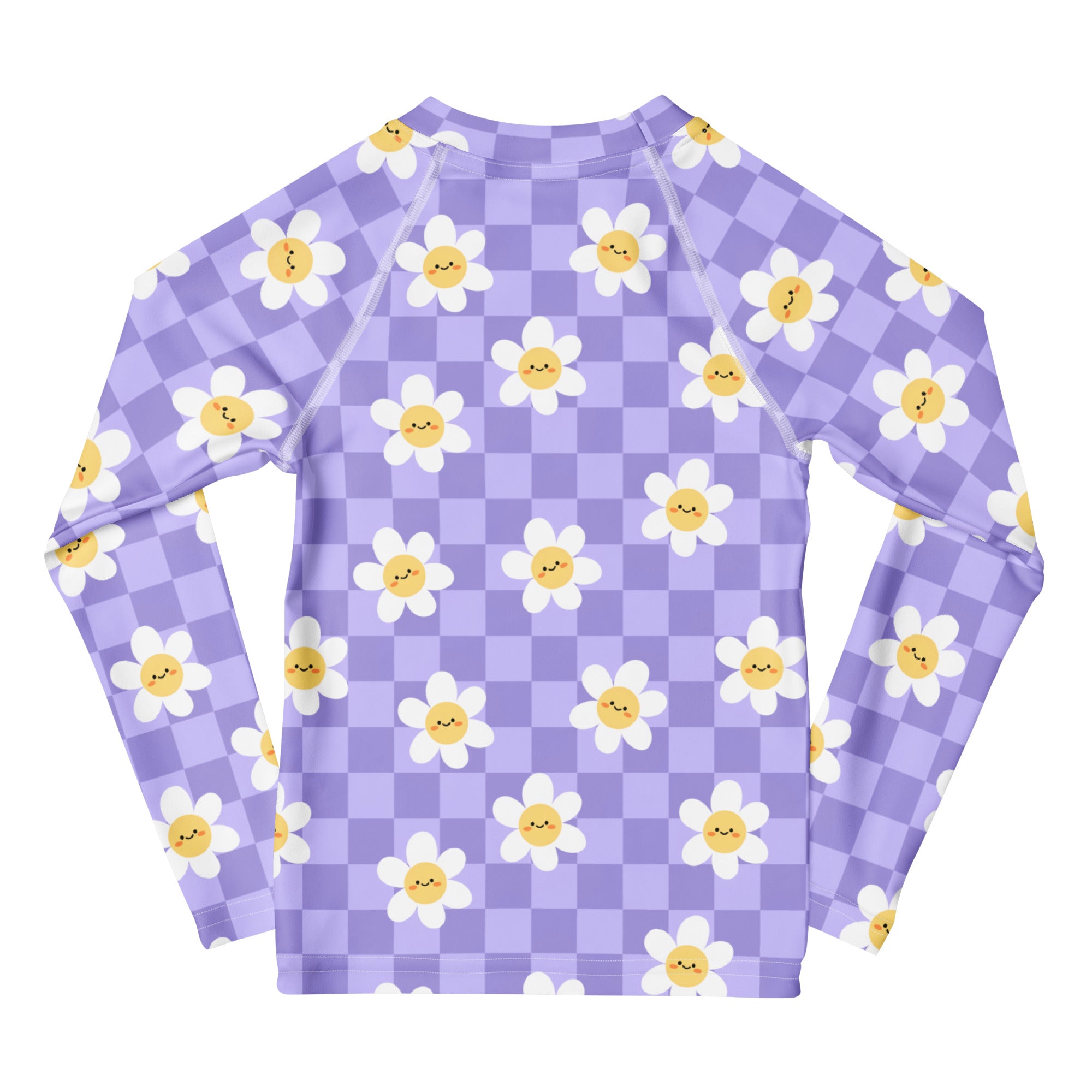 Girls Purple Smile Daisy Checkered Long Sleeve Rash Guard Swim Shirt – Buttery Soft, Sun Safe UPF 50+ Protection, Quick Dry & 4-Way Stretch Comfort