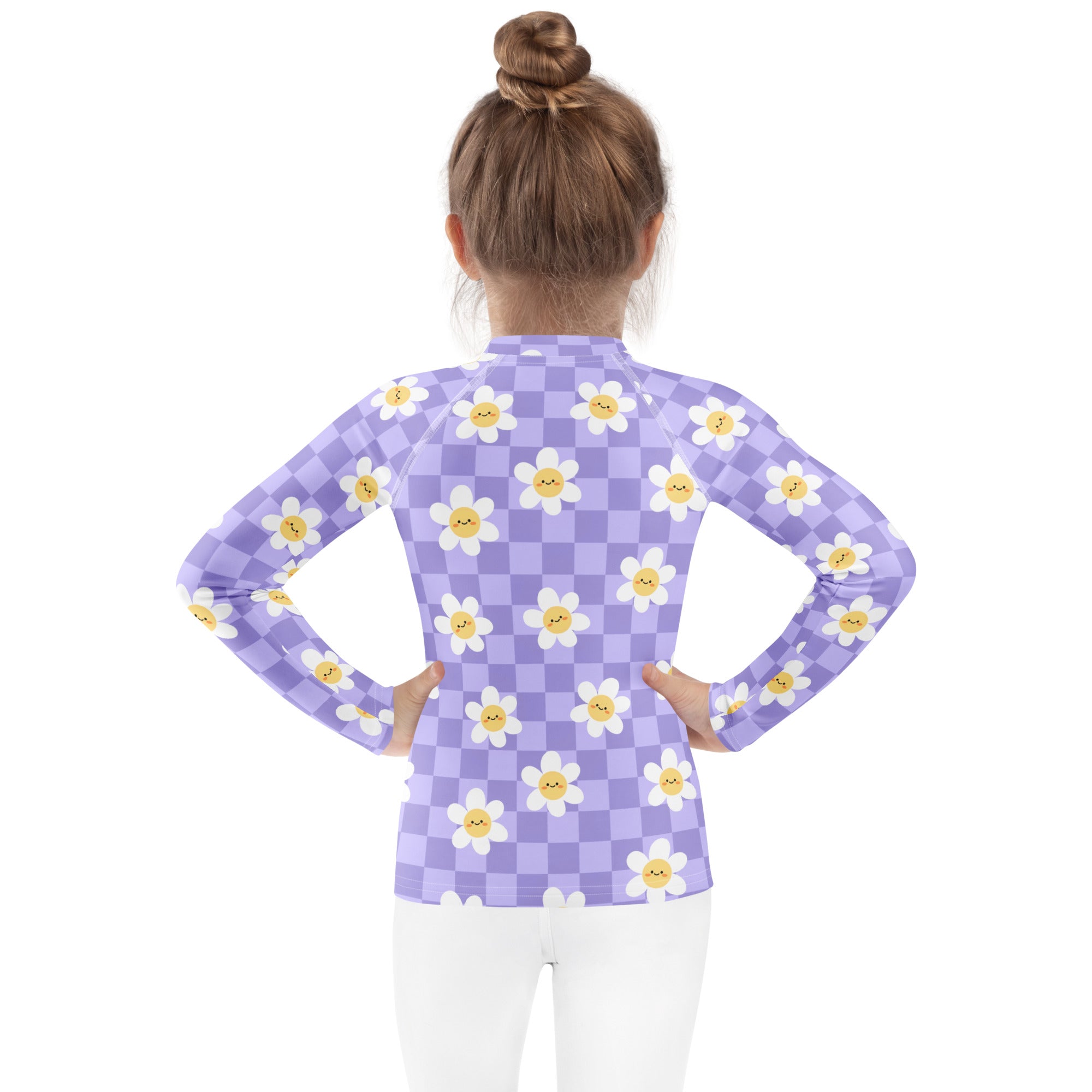 Girls Purple Smile Daisy Checkered Long Sleeve Rash Guard Swim Shirt – Buttery Soft, Sun Safe UPF 50+ Protection, Quick Dry & 4-Way Stretch Comfort